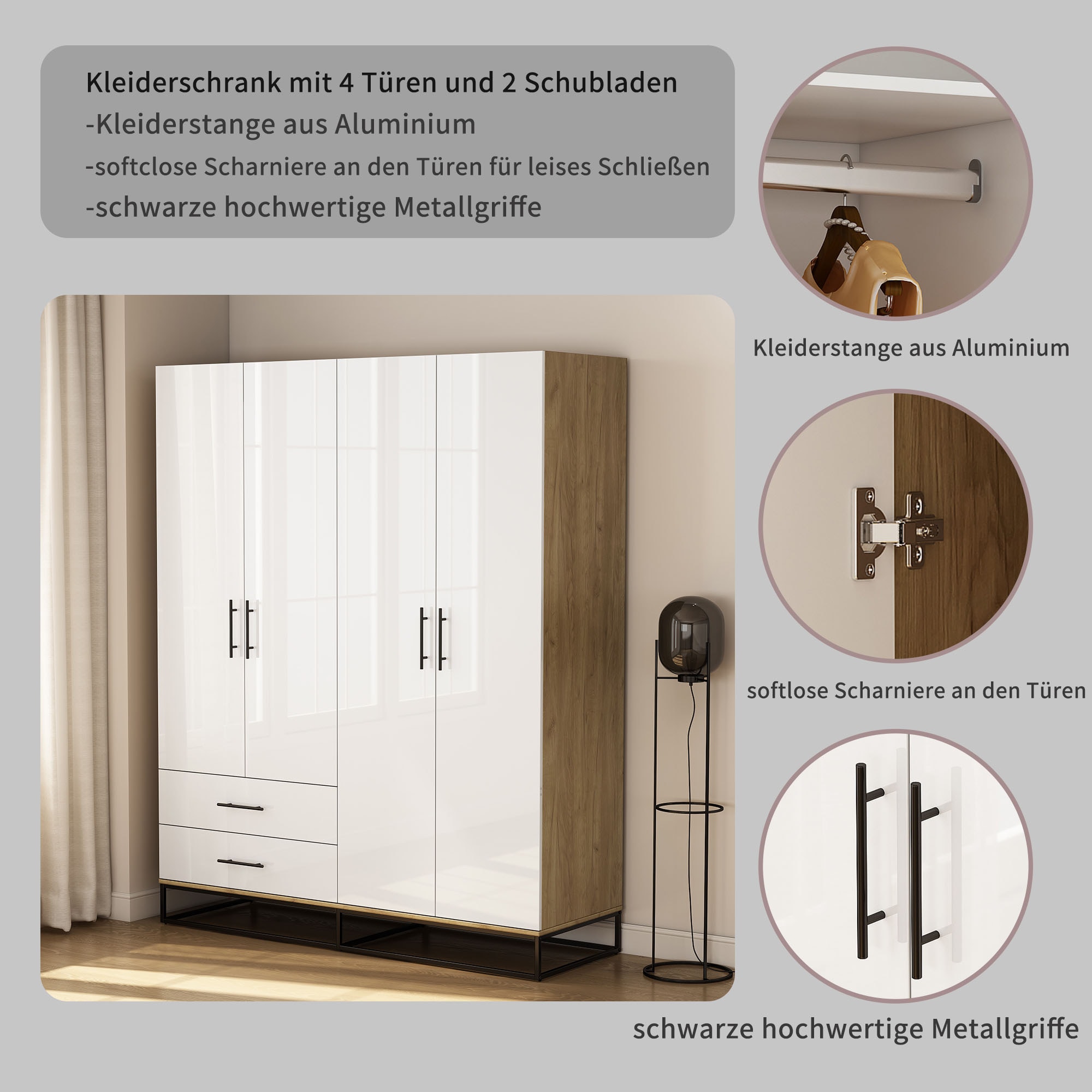 OTTO home Kleiderschrank »Lucca Schlafzimmerschrank Garderobe Hochglanz Bestseller« Schwarze Griffe und Kufengestell aus Metall, 