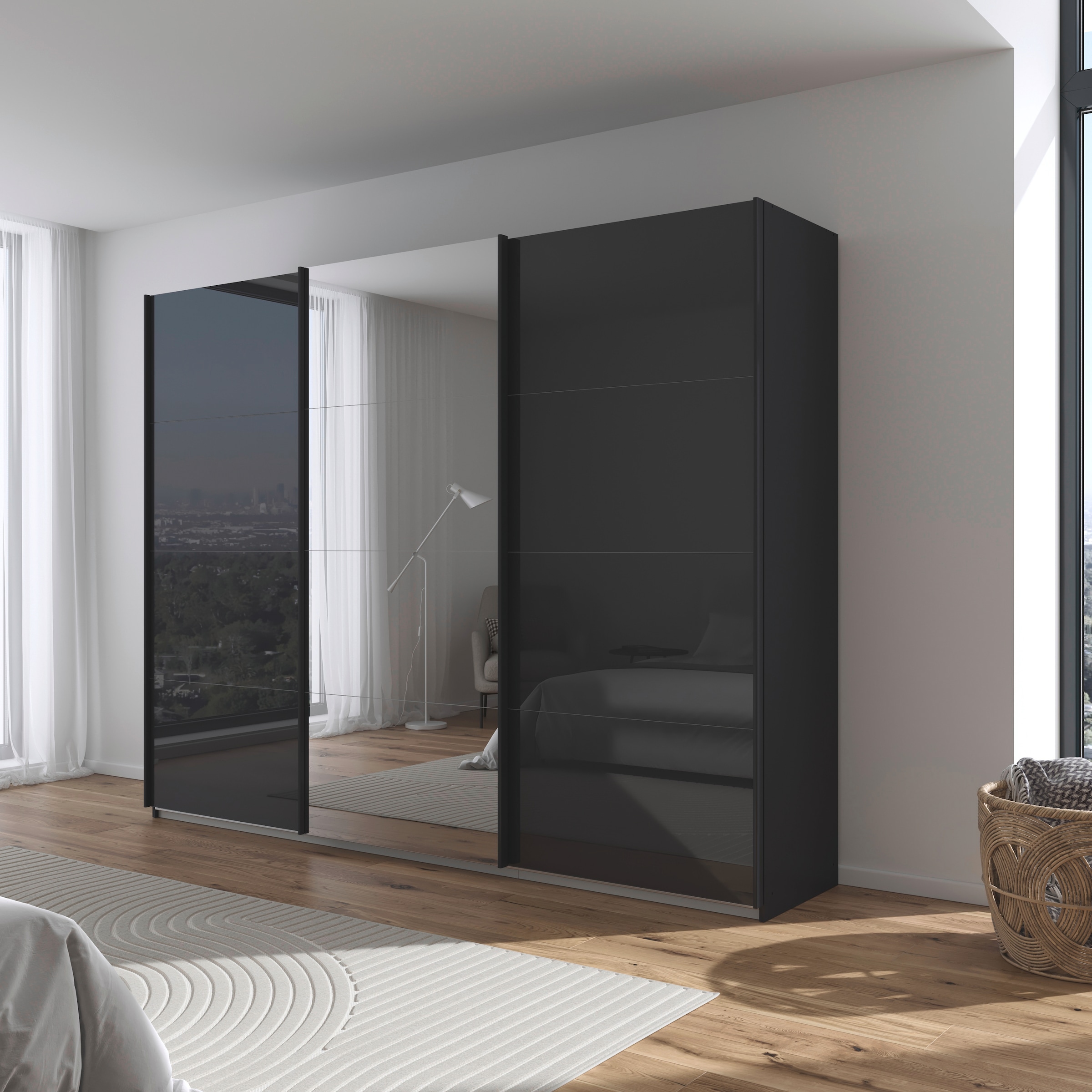 rauch Schwebetürenschrank »Kleiderschrank Kleiderschränke Schrank Garderobe AGORDO mit Glasfront«, durchdachte Innenausstattung, in 4 Breiten und 2 Höhen MADE IN GERMANY