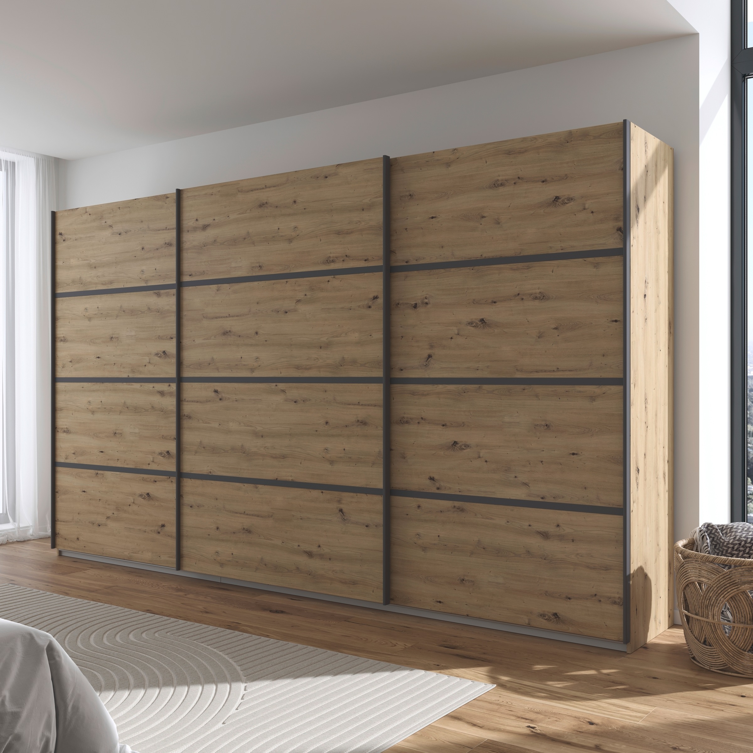 rauch Kleiderschrank »Schwebetürenschrank Garderobe Schrank TOP ANGEBOT Avola«, (in 3 verschiedenen Ausstattungen BASIC/CLASSIC/PREMIUM), mit eleganten Zierleisten in Chrom, Schwarz oder Weiß MADE IN GERMANY