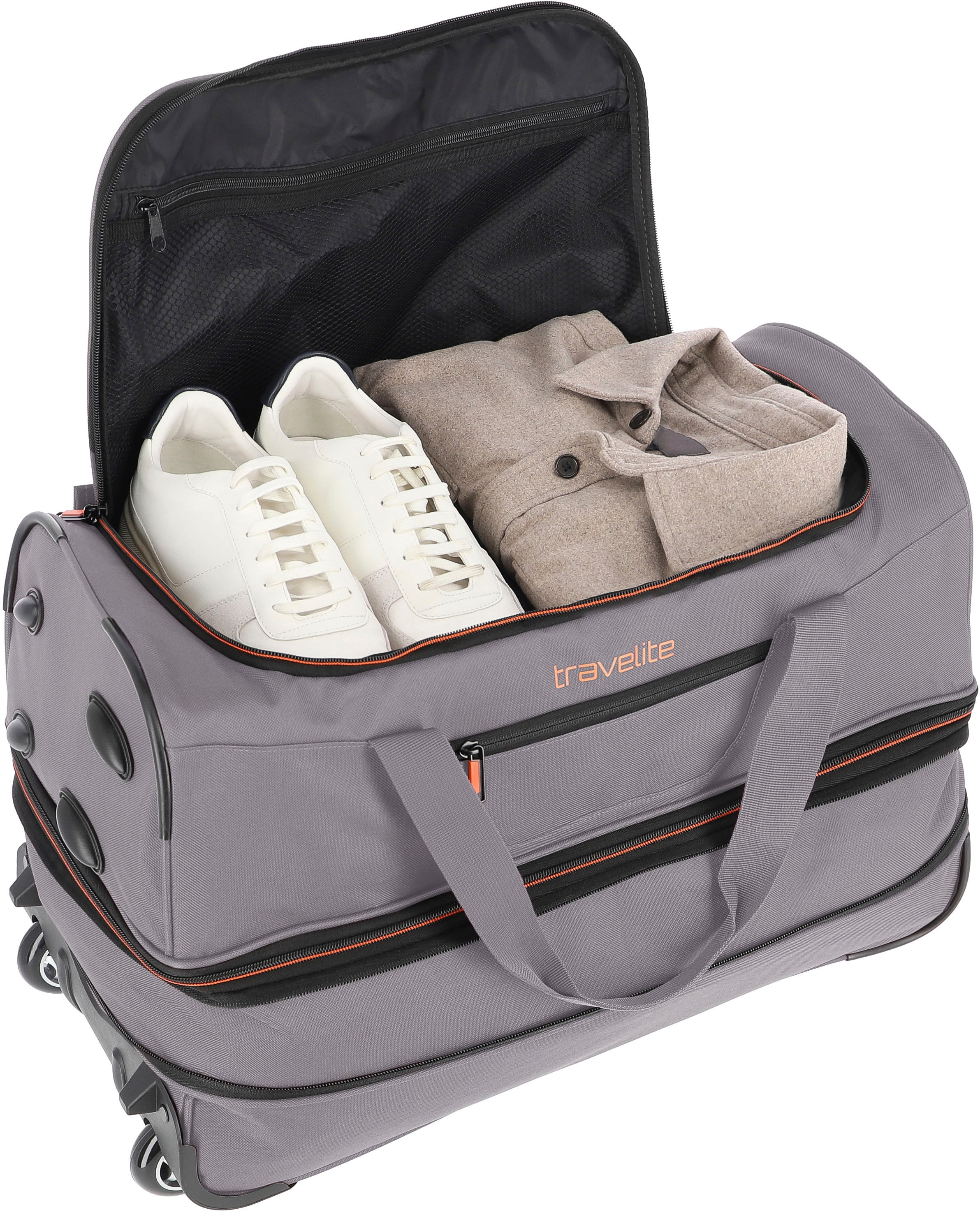 travelite Reisetasche »Basics, 55 cm, grau/orange«, Duffle Bag Sporttasche mit Trolleyfunktion und Volumenerweiterung