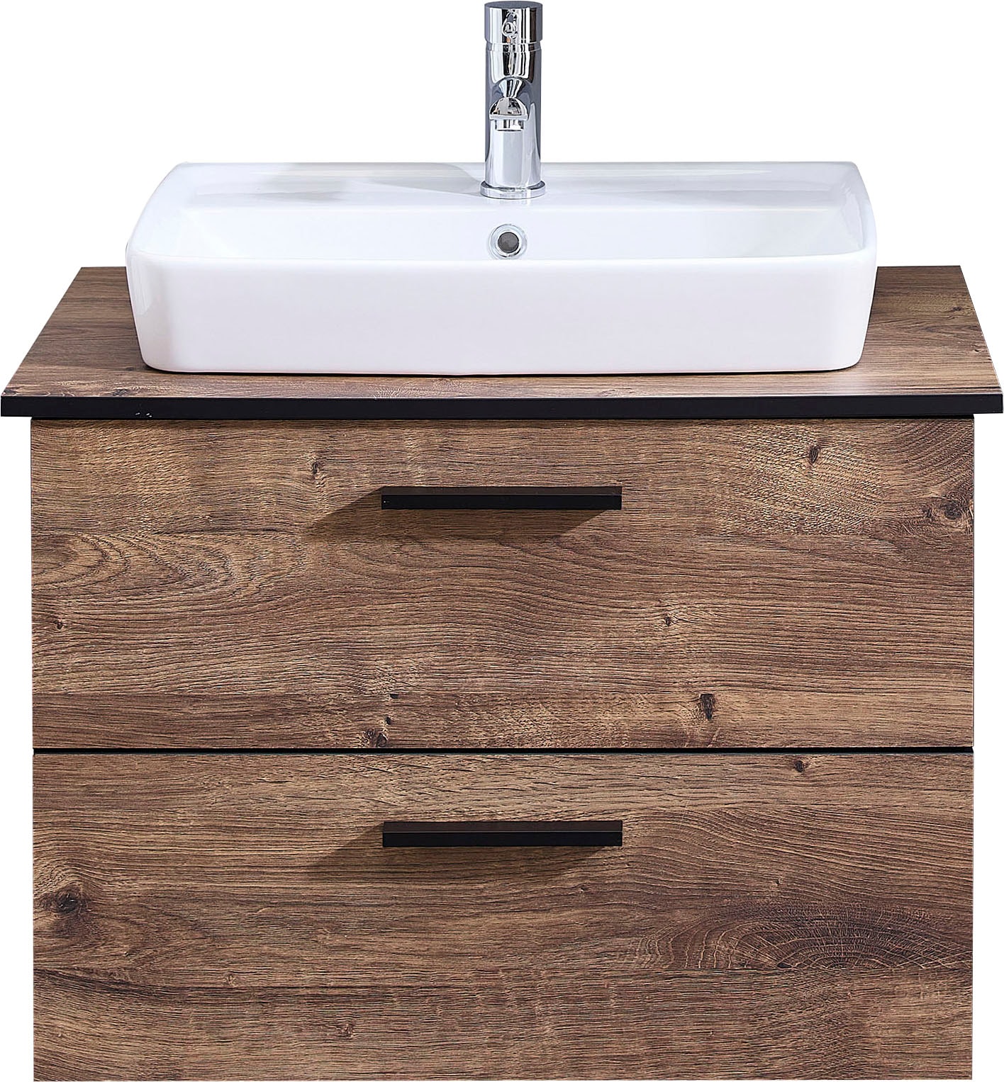 Saphir Badmöbel-Set »Quickset 374 Keramik-Aufsatzwaschtisch mit Unterschrank, 73 cm breit«, (3 St.), Waschplatz mit 2 Schubladen, Eiche Ribbeck quer Nachbildung