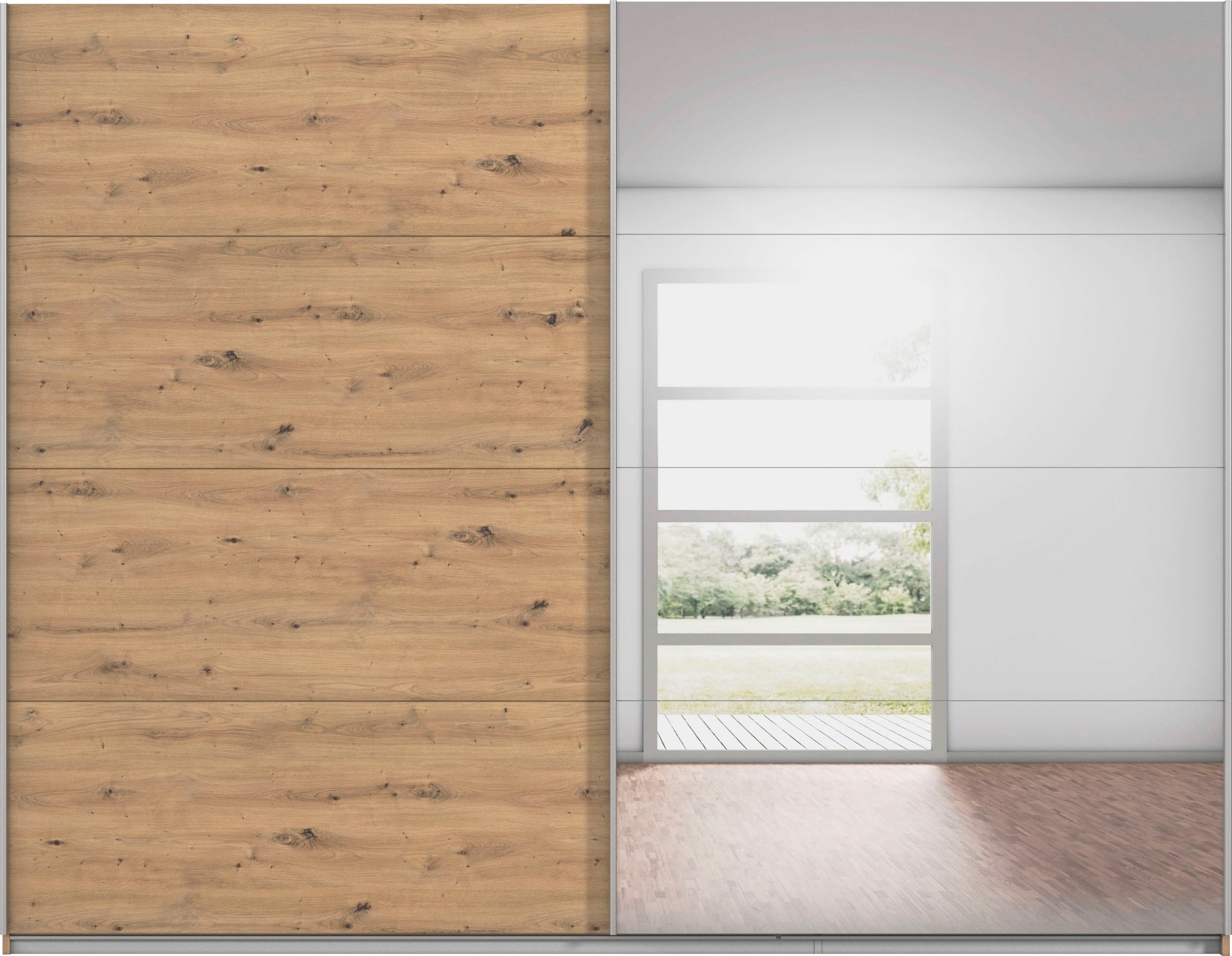 INOSIGN BY RAUCH Schwebetürenschrank »Kleiderschrank Schrank Garderobe Schlafzimmerschrank THANOS«, (in 3 verschiedenen Ausstattungen BASIC/CLASSIC/PREMIUM), Optional mit Spiegel, Metall-Griffleisten alufarben MADE IN GERMANY