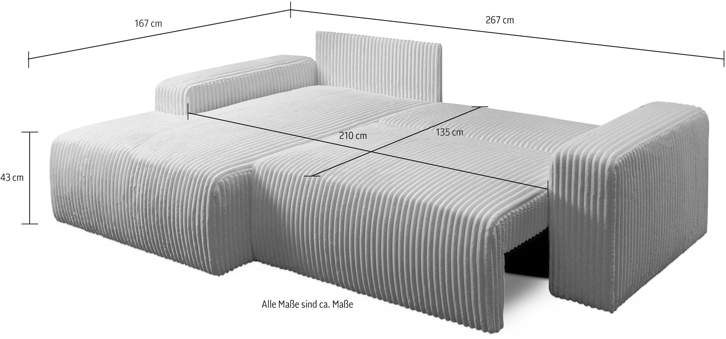 WERK2 Ecksofa »Rotterdam-L, kuschelweicher Cord oder Breitcord, L-Form, Breite 267 cm«, Design Ecksofa mit Schlaffunktion & Bettkasten, Cord, Anthrazit