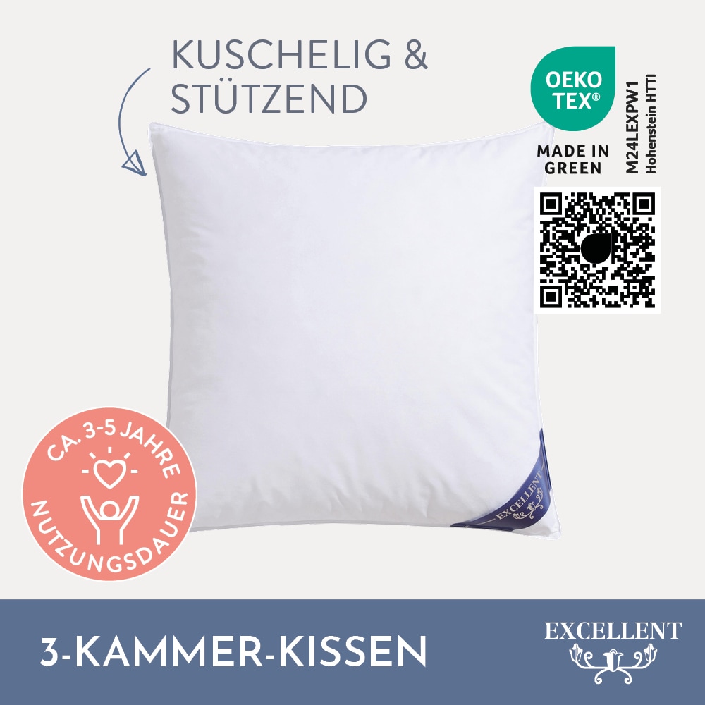 Excellent 3-Kammer-Kopfkissen »Kopfkissen "Venedig" Kissen mit Feder und Daunen Füllung. Kuschelig weiches Kopfkissen.«, Füllung: 100% Daunen (Außenkammer), Bezug: 100% Baumwolle, hergestellt in Deutschland, allergikerfreundlich