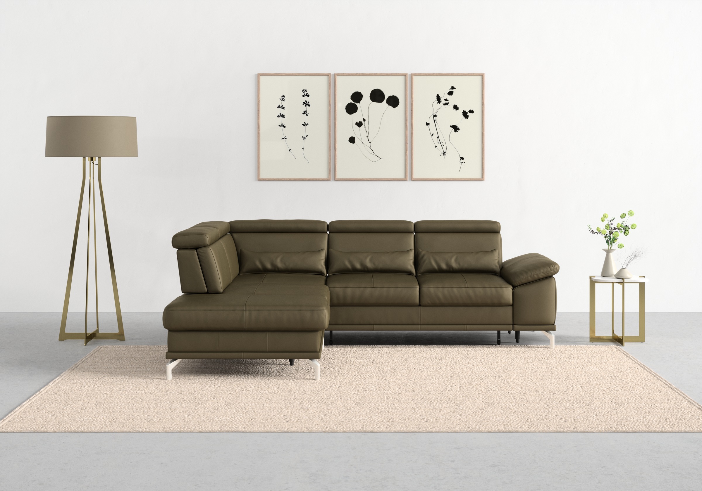sit&more Ecksofa »Cabrio L-Form, mit Sitztiefenverstellung, Arm- und Kopfteilverstellung«, 3 Nierenkissen, Federkern, optional Bettfunktion und Stauraum