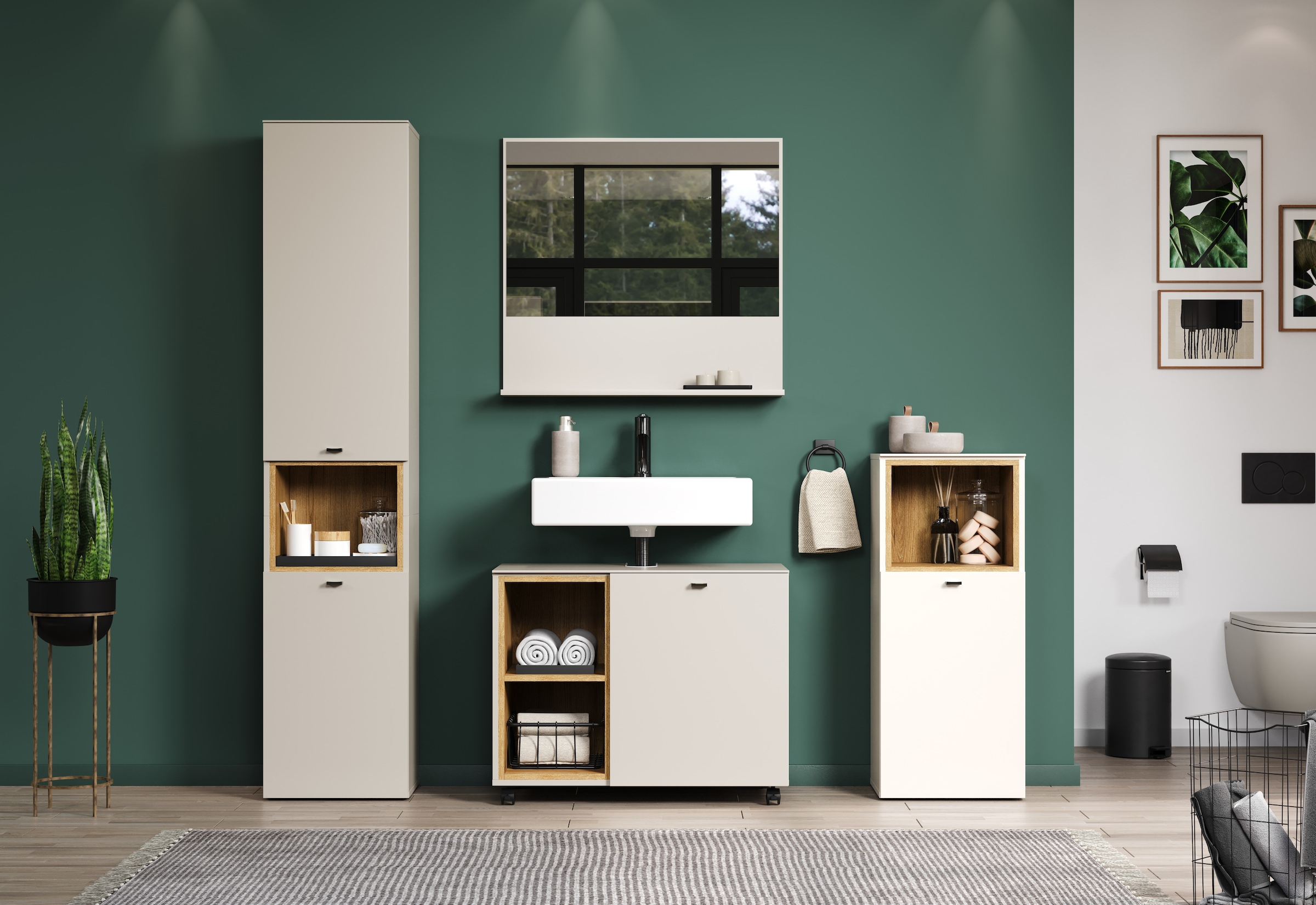 welltime Badmöbel-Set »San Pedro«, (Komplett-Set, 4 St.), Bestehend aus Hochschrank, Waschtisch, Wandspiegel und Unterschrank