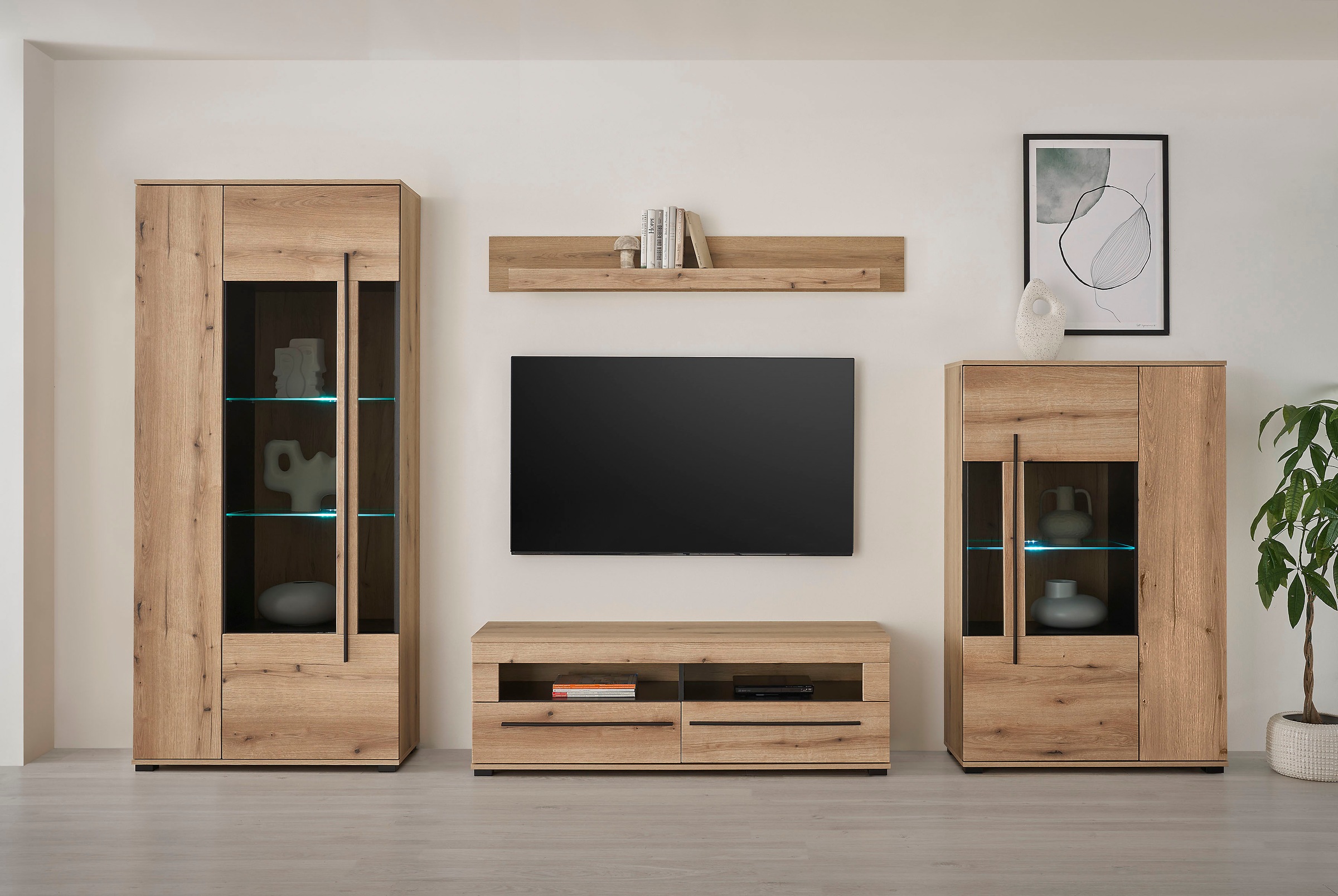 INOSIGN Wohnwand »Cantara, moderne Anbauwand, Wohnzimmer-Set, in Eiche Evoke oder Weiß«, (Set), enthält zwei Vitrinen, ein Lowboard und ein Wandboard
