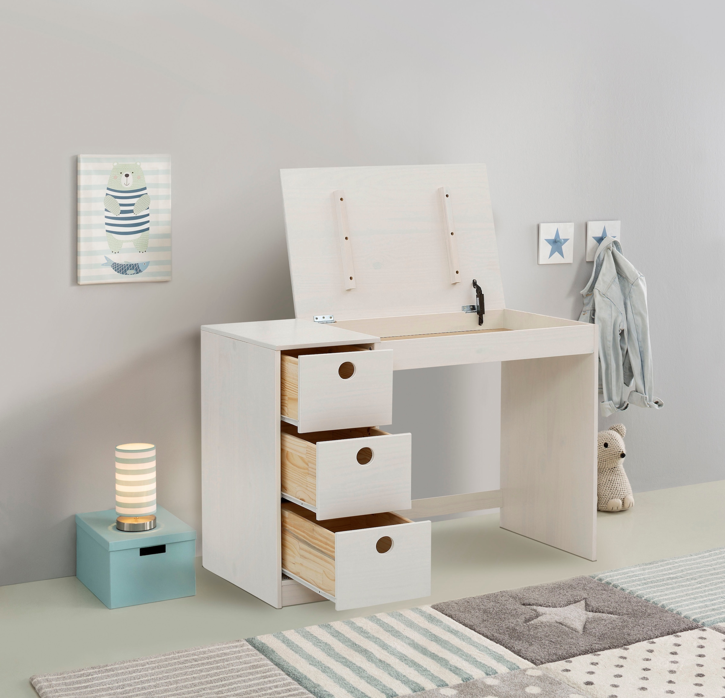 OTTO home Kinderschreibtisch »Alpi« Kiefernholz, Wangengestell, mit 3 Schub günstig online kaufen