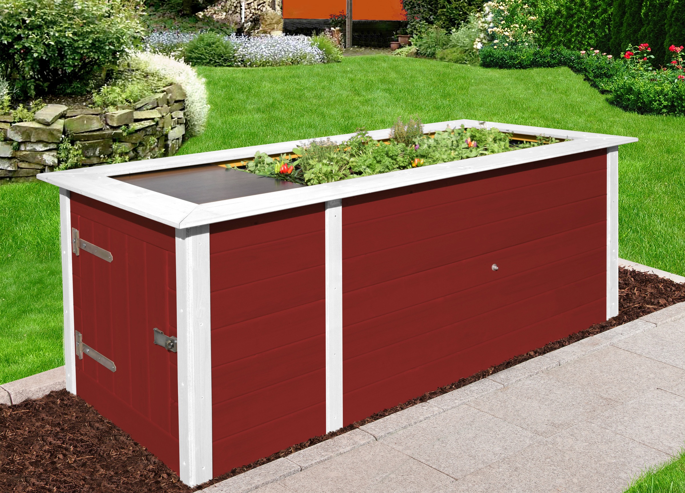 weka Hochbeet BxTxH: 205x80x81 cm, mit Anbauschrank rot Massivholz