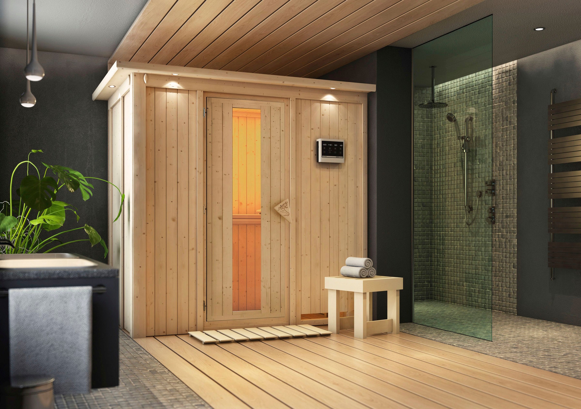 Karibu Sauna »Vada«, 9 KW-Bio-Ofen mit externer Steuerung