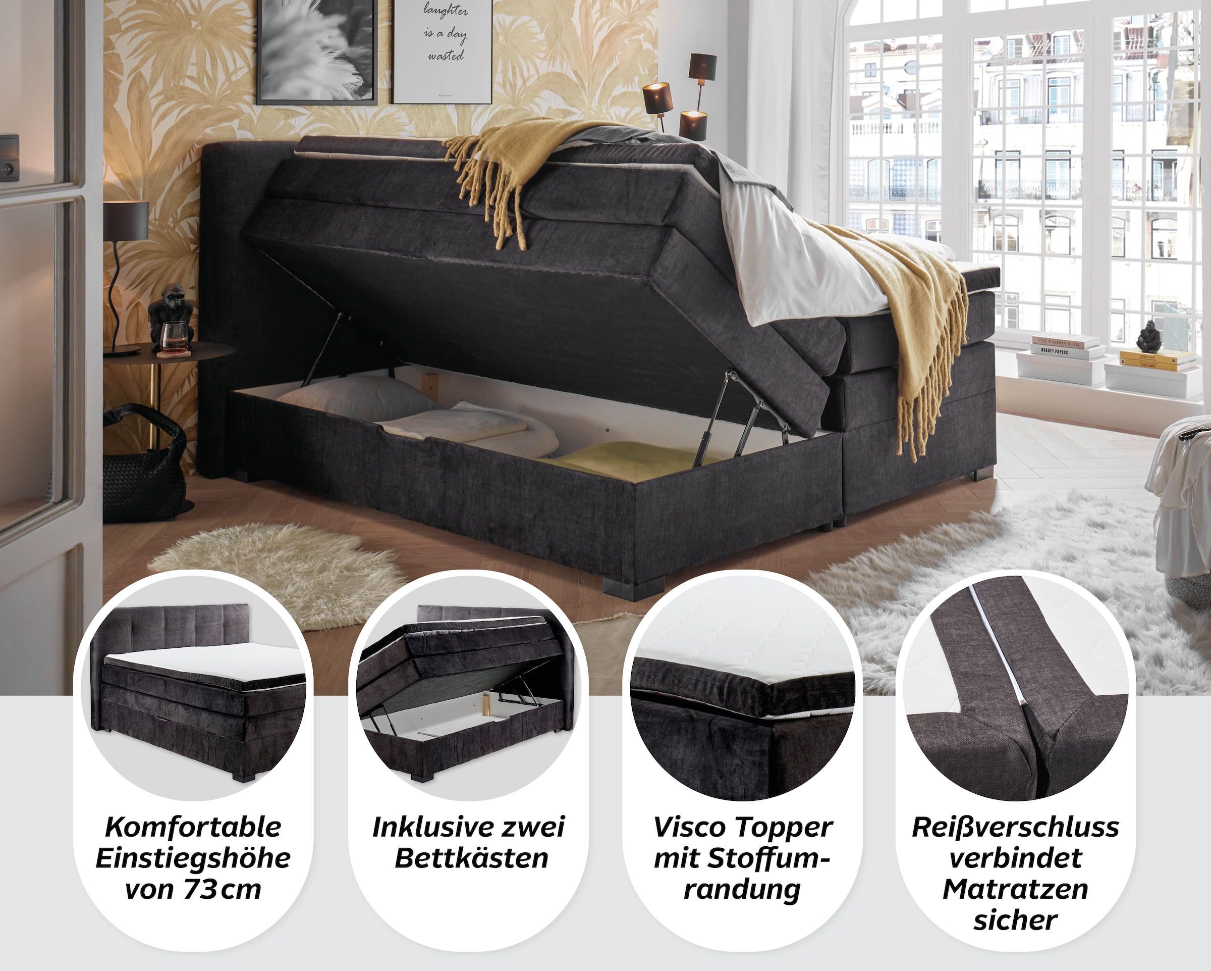 ED EXCITING DESIGN Boxspringbett »Fanes mit Komforteinstiegshöhe von 73cm« erhältlich in 180x200cm, inkl. Bettkasten und 7cm Visco-Topper