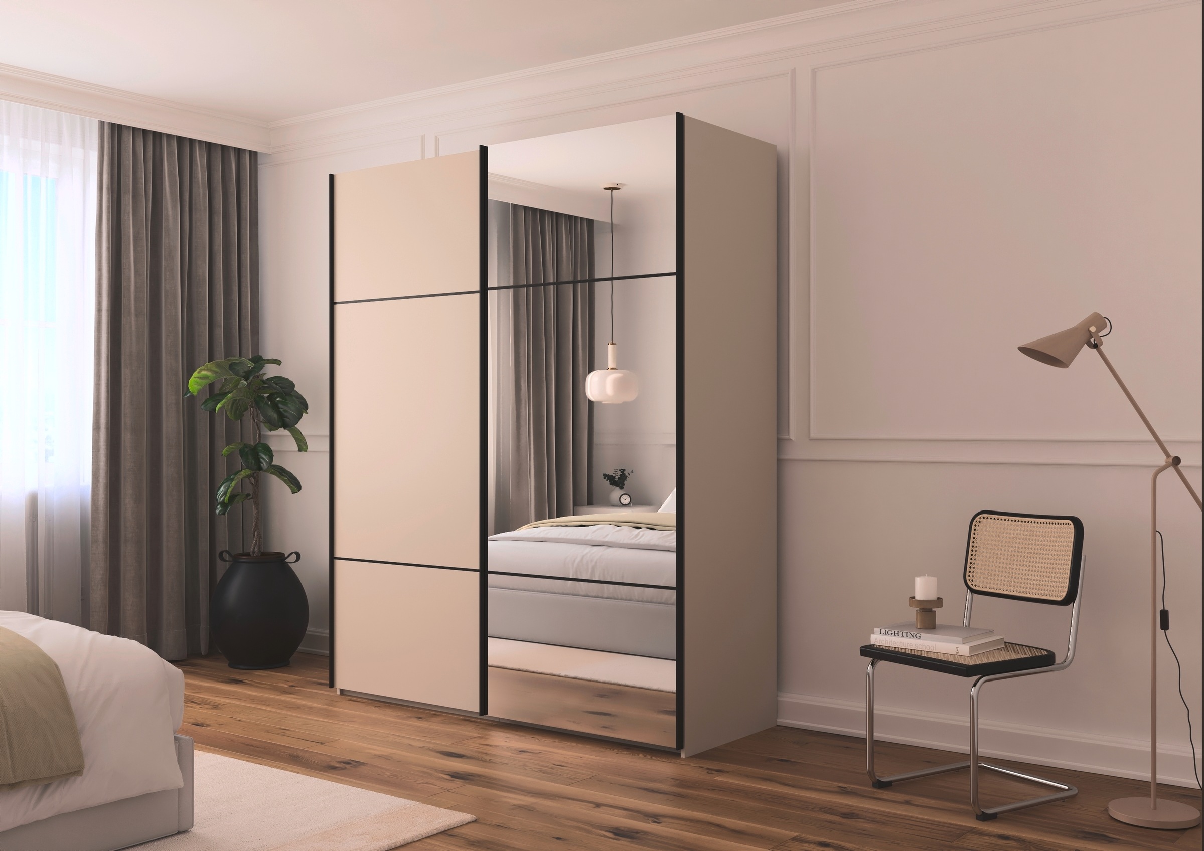rauch Schwebetürenschrank »Kleiderschrank Schrank Garderobe Schlafzimmerschrank SCALE-TRIO«, edle dreigeteilte Front mit 2 Zierleisten und Spiegel MADE IN GERMANY