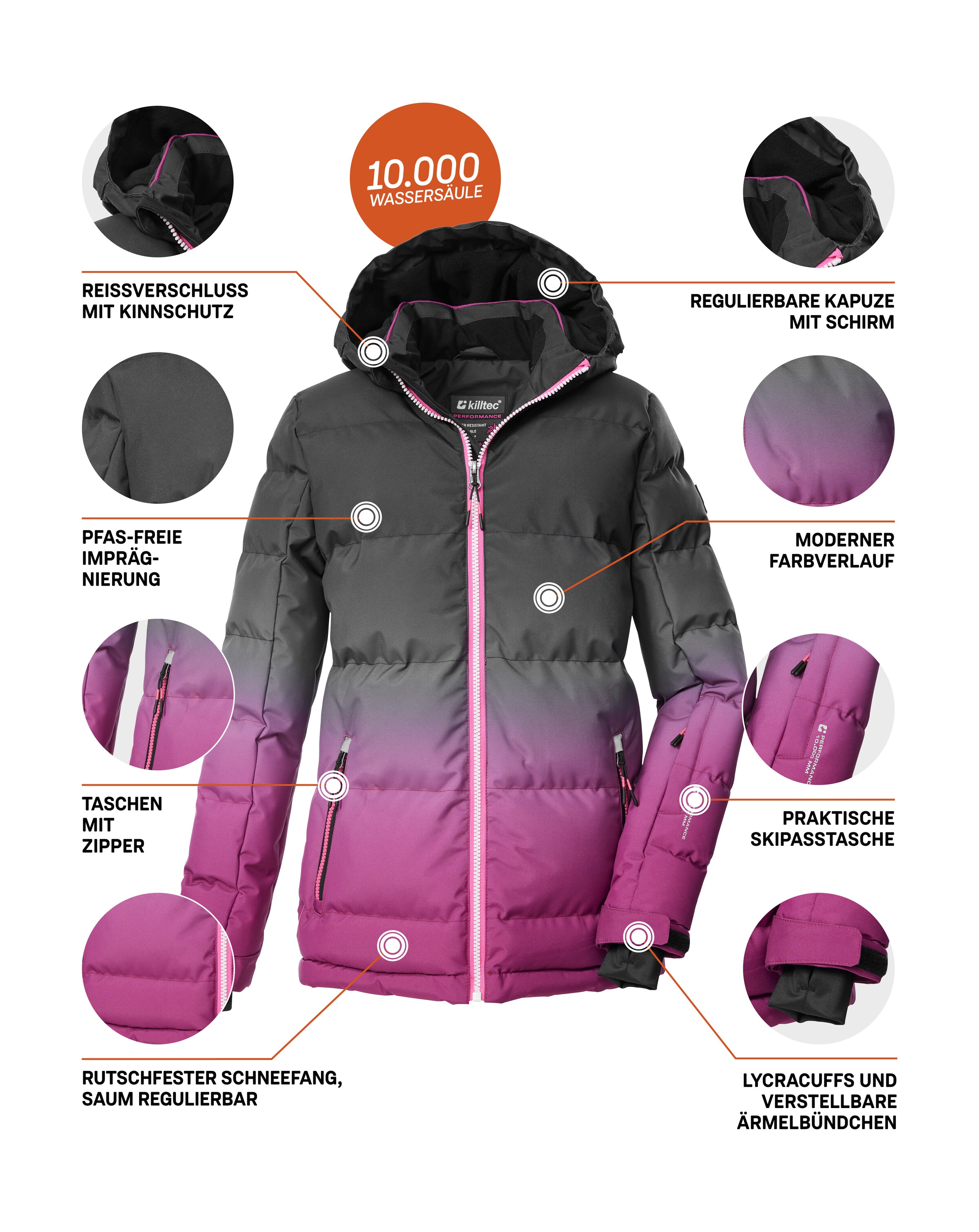 Killtec Skijacke »KSW 330 GRLS SKI QLTD JCKT«, Wasserabweisende Winterjacke, atmungsaktiv, verstellbare Kapuze