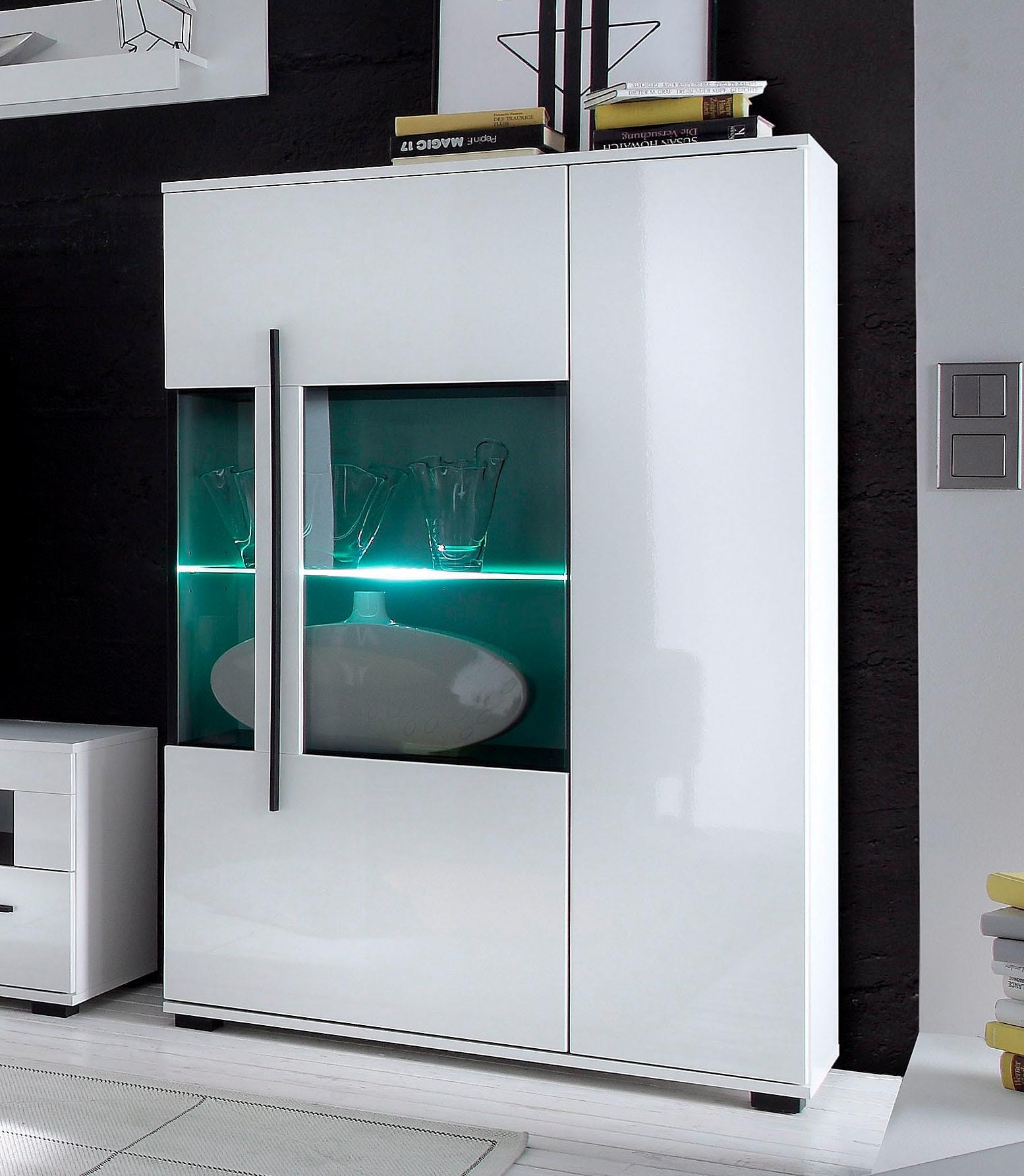 INOSIGN Vitrine »Cantara, Vitrinenschrank in Eiche Evoke oder weiß, Standvitrine«, schwarzer Stangengriff, ausreichend Stauraum, vielseitig einsetzbar