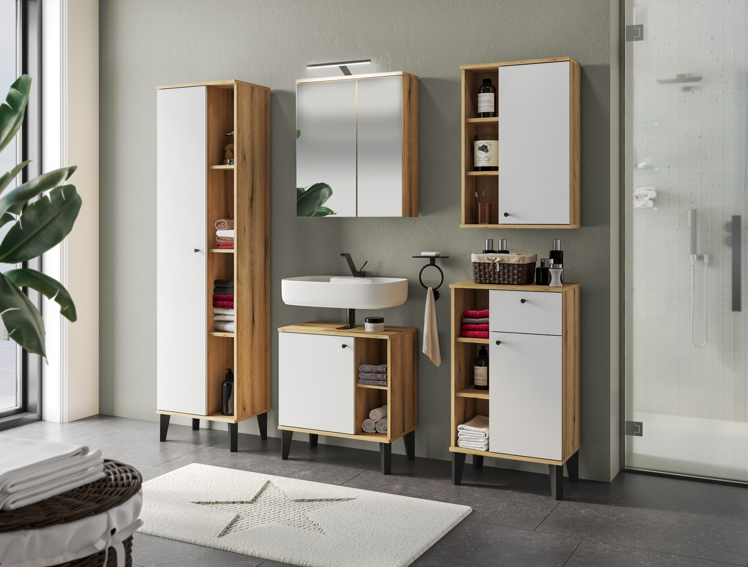 INOSIGN Stauraumschrank »Oslo, Badschrank mit Knopfgriff, Hochschrank im skandinavischen Design«, in der Türfarbe Weiß oder Grau verfügbar, ausreichend Stauraum