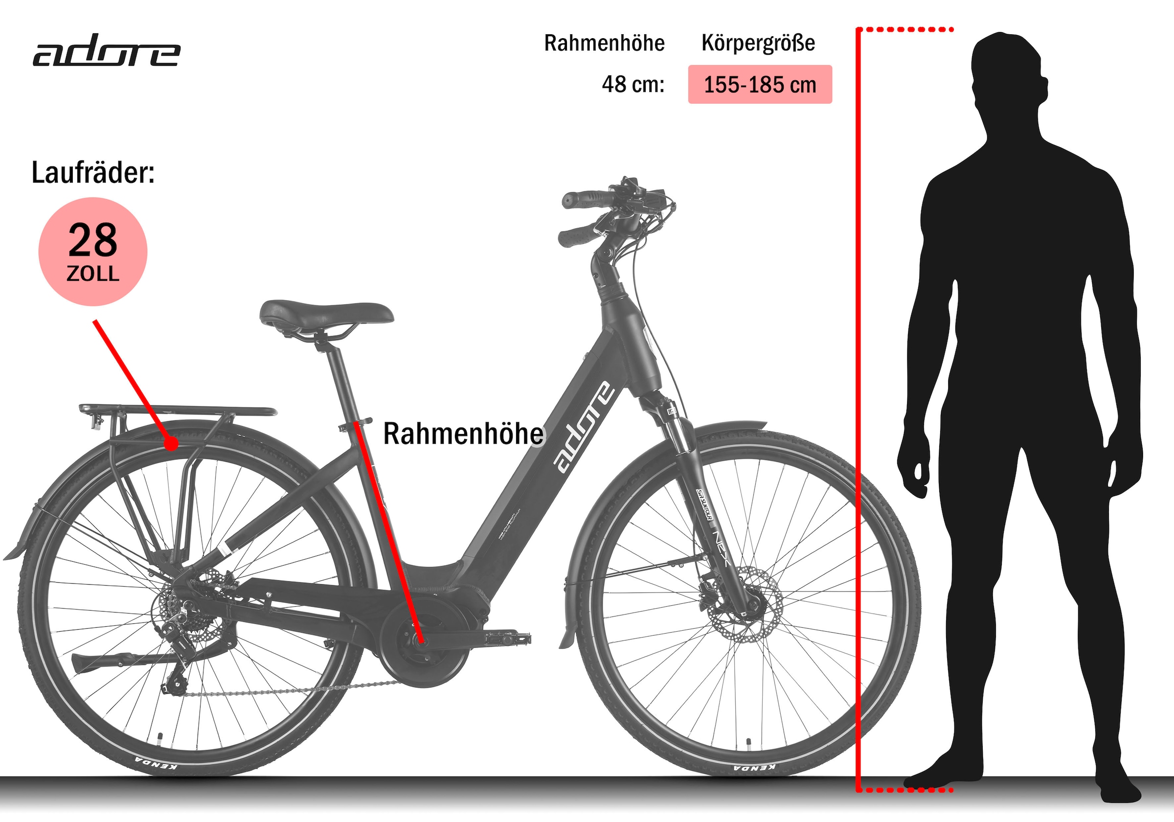 Adore »28" Alu Cityfahrrad CX-440 Mittelmotor 75NM / 15Ah schwarz matt« 7 Gang Shimano Tourney Schaltwerk Kettenschaltung Mittelmotor 250 W Pedelec, Elektrofahrrad für Damen und Herren