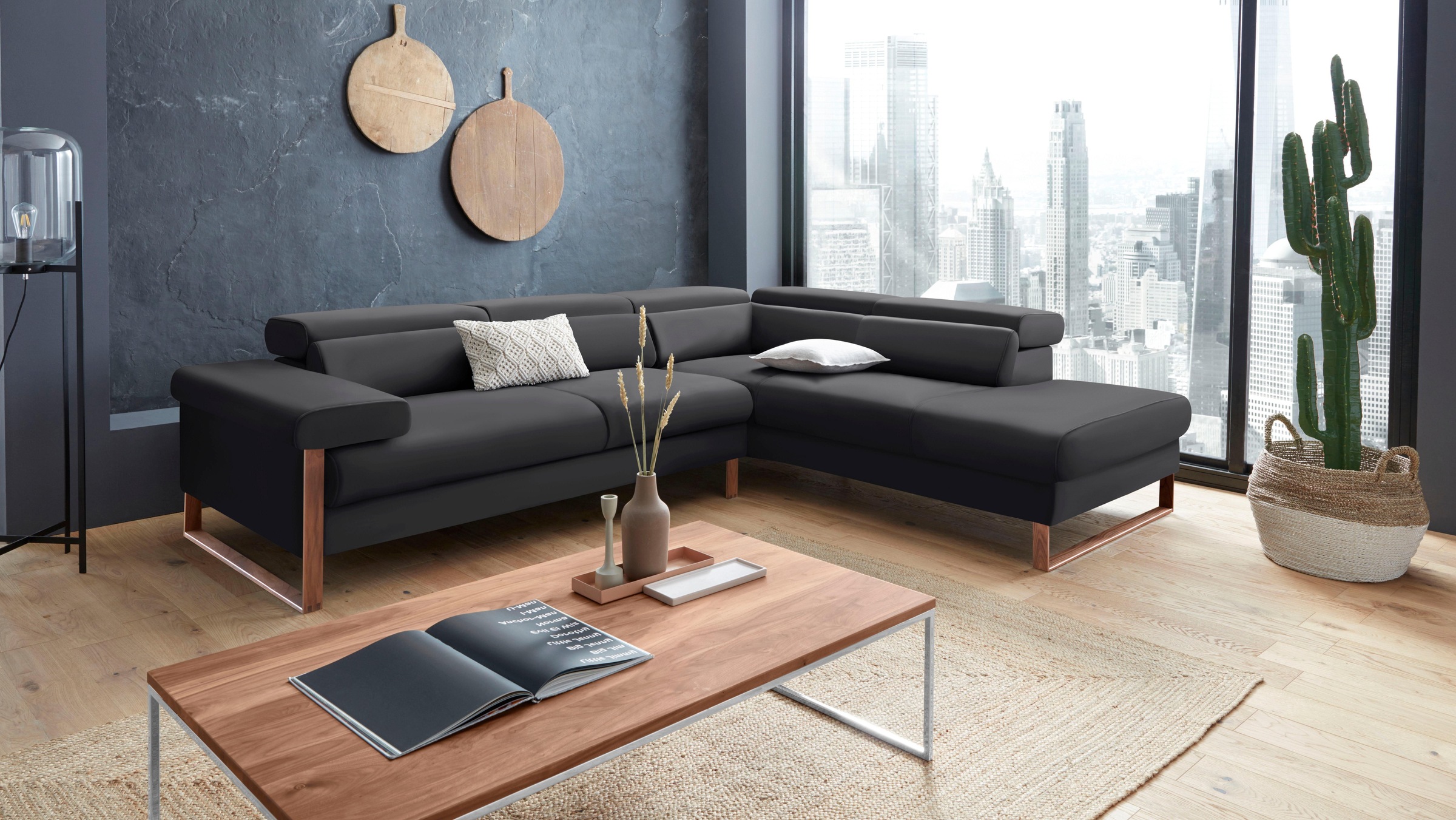 W.SCHILLIG Ecksofa »finn, Designsofa mit tollem Sitzkomfort, bequem, L-Form«, German Design Award 2016, Fußgestell Nussbaum natur, Breite 281 cm