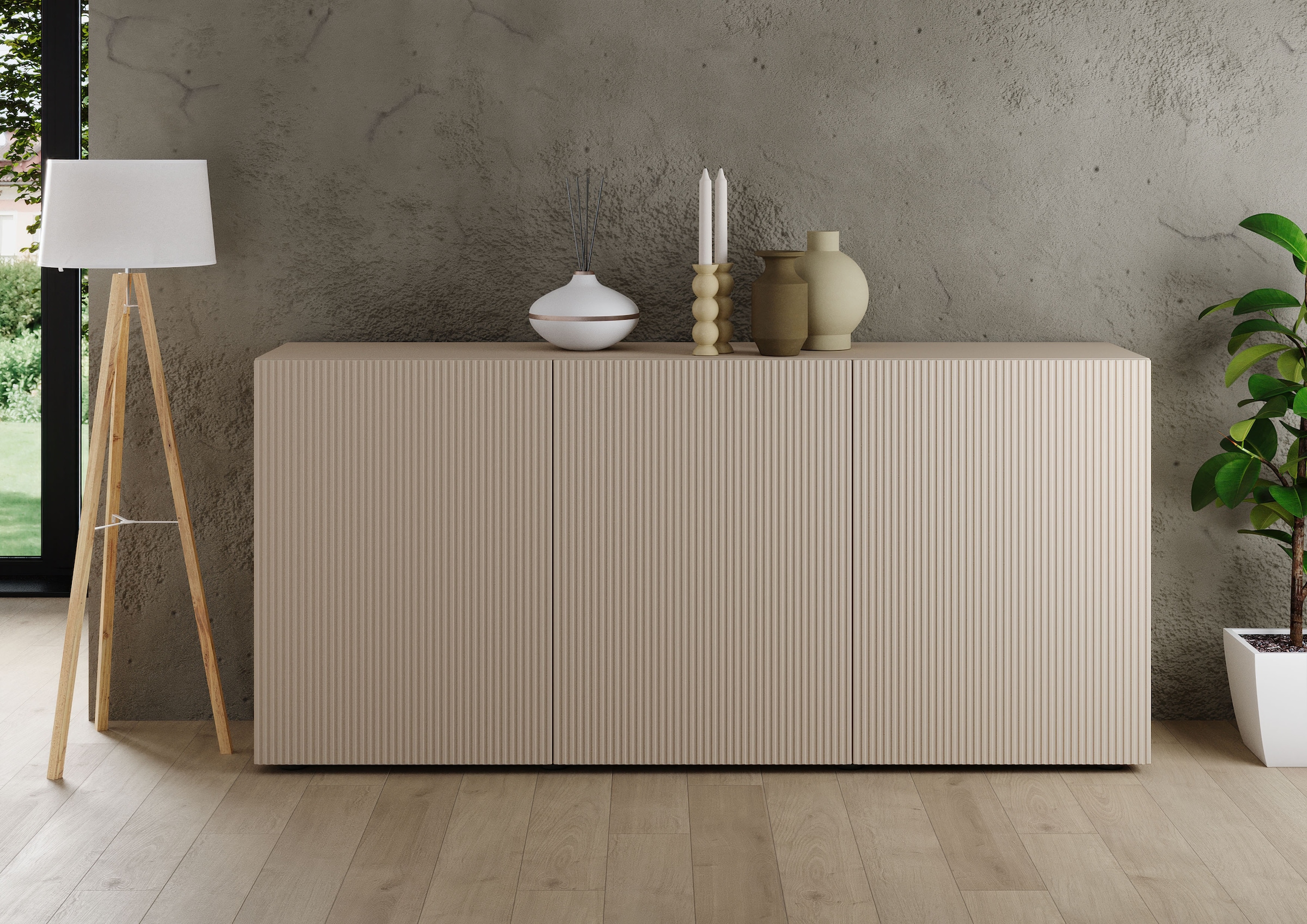 INOSIGN Sideboard »Rio Breite 181 cm, Kommode mit 3 Türen, Anrichte,«, geriffelte Front, modern u. elegant, viel Stauraum