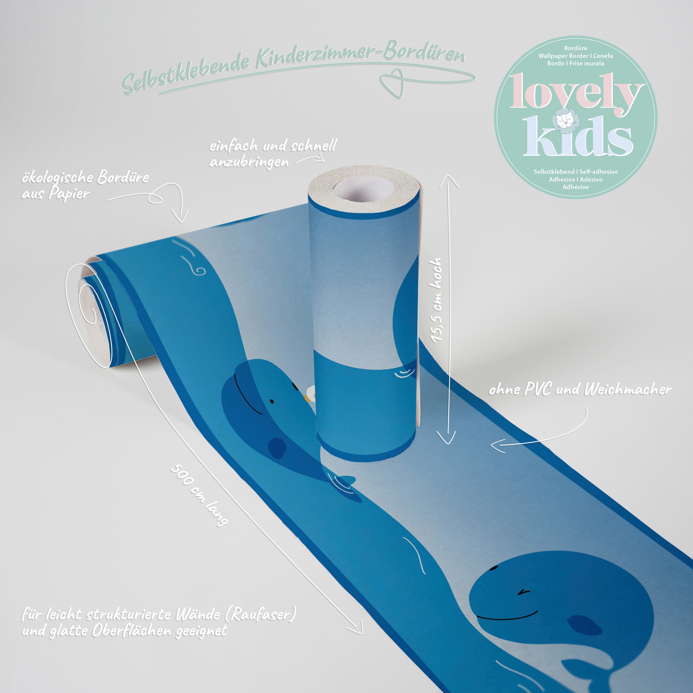 A.S. Création Bordüre »Ocean Friends«, Motiv-abstrakt-naturalistisch, Tapete Kinder Bordüre Wale Borte Wohnzimmer Schlafzimmer Küche Design