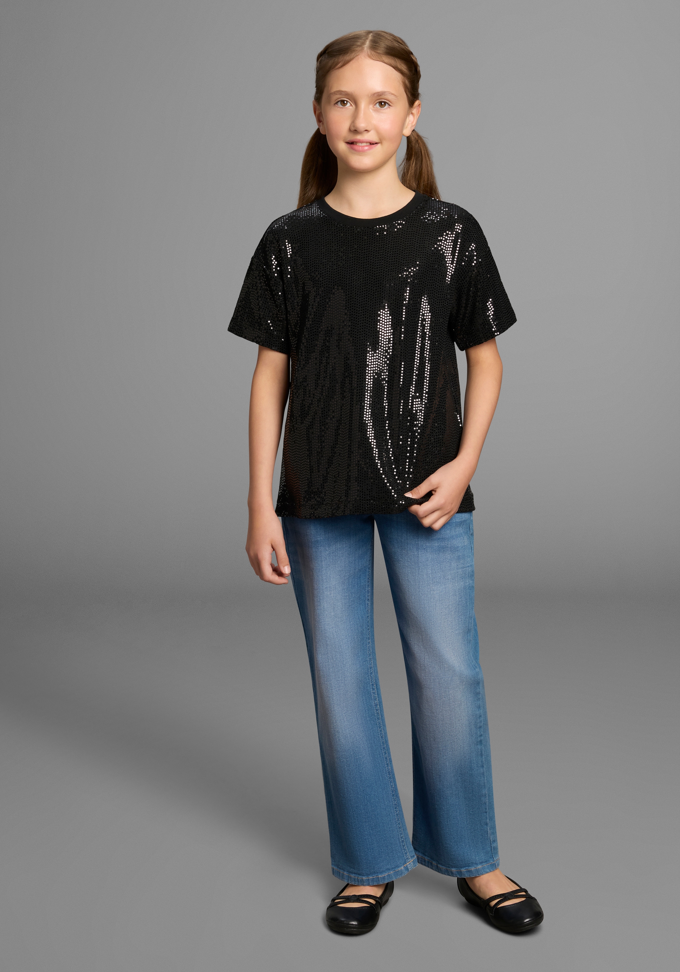 Bruno Banani T-Shirt »Oversize, Glitzershirt, Paillettenoptik« Für TEENS, Shirt aus glitzernden Material
