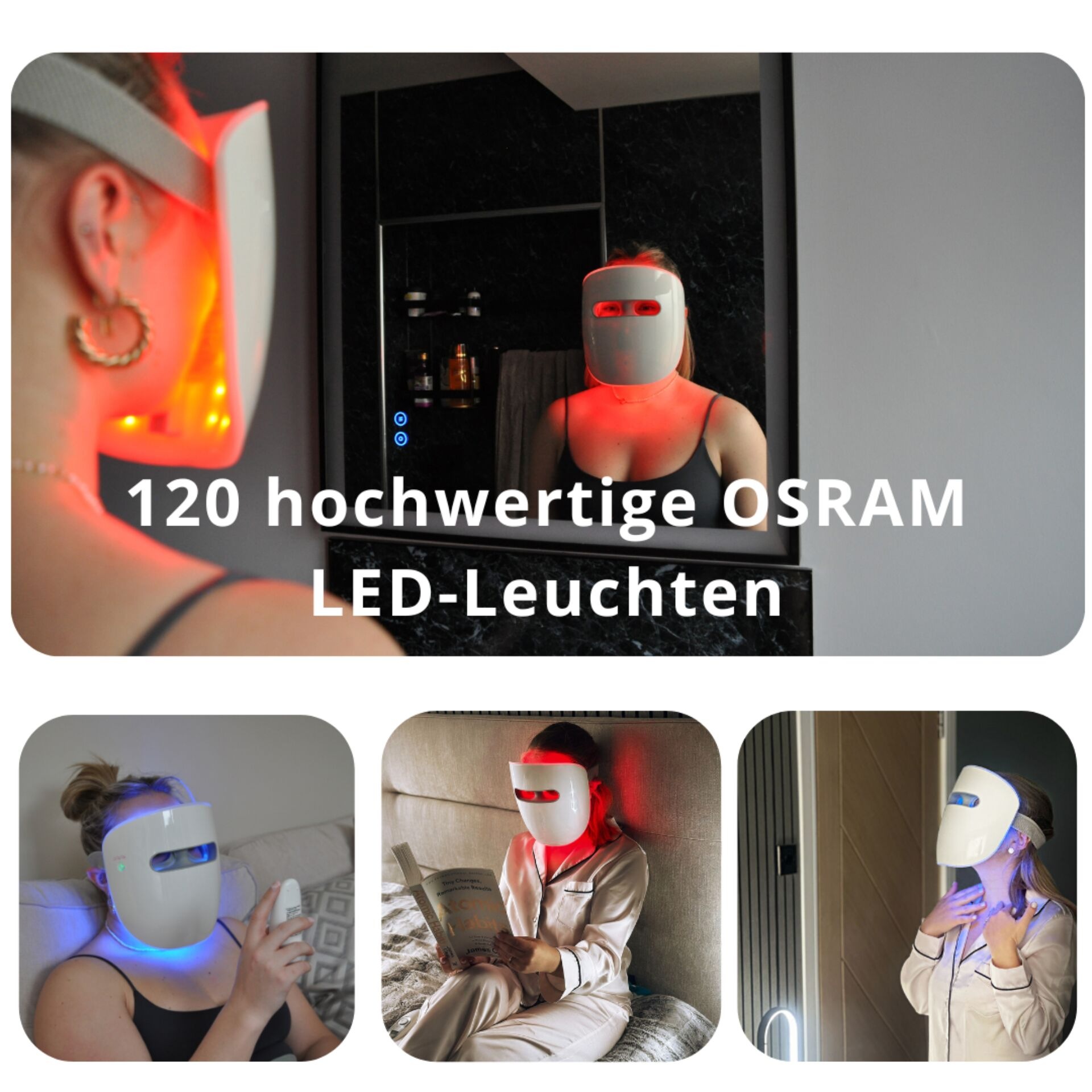TensCare Gesichtsmassagegerät »Glowmask Gesichtsmakse mit LED«, (5 tlg., LED Maske inkl. Fernbedienung, USB-Ladekabel und Reisetasche), Drei Lichtarten für geziehlte Hautpflege