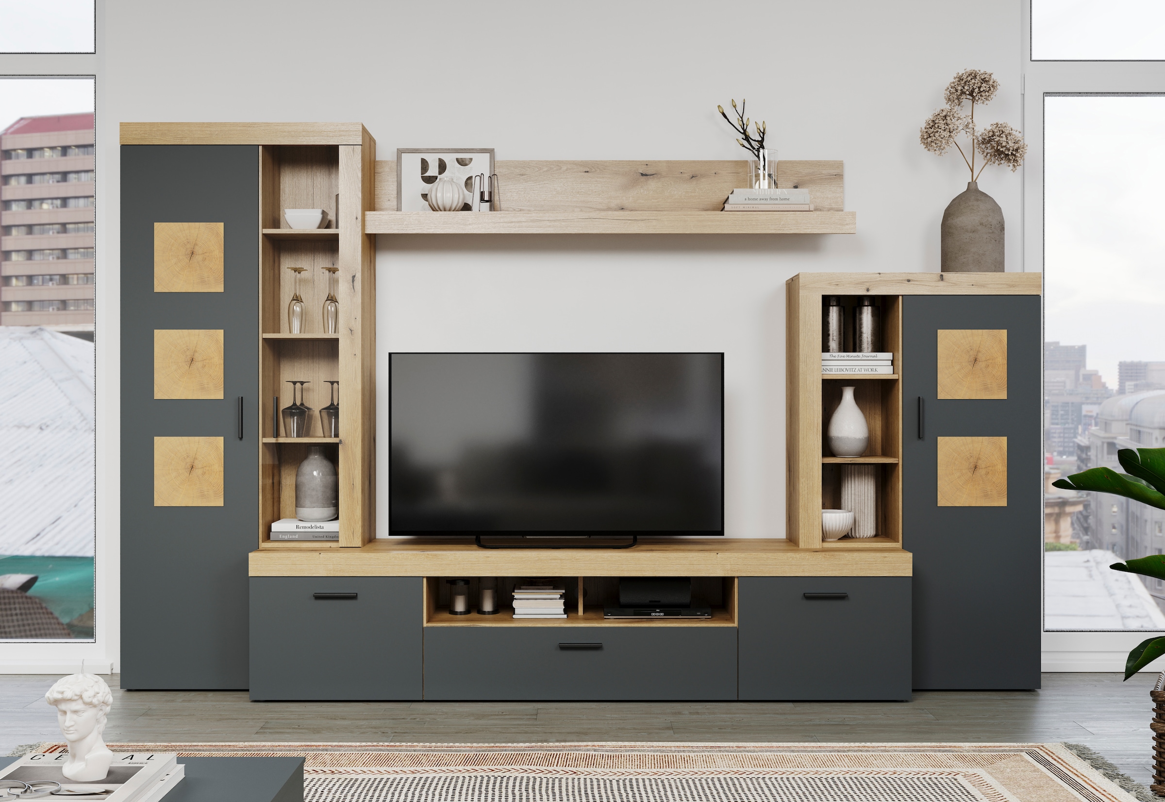 Home affaire Wohnwand »Ghent«, (Komplett-Set, 4 St.), Mit Hirnholzapplikationen - Aufgebaut (B/T/H): 331/52/206 cm