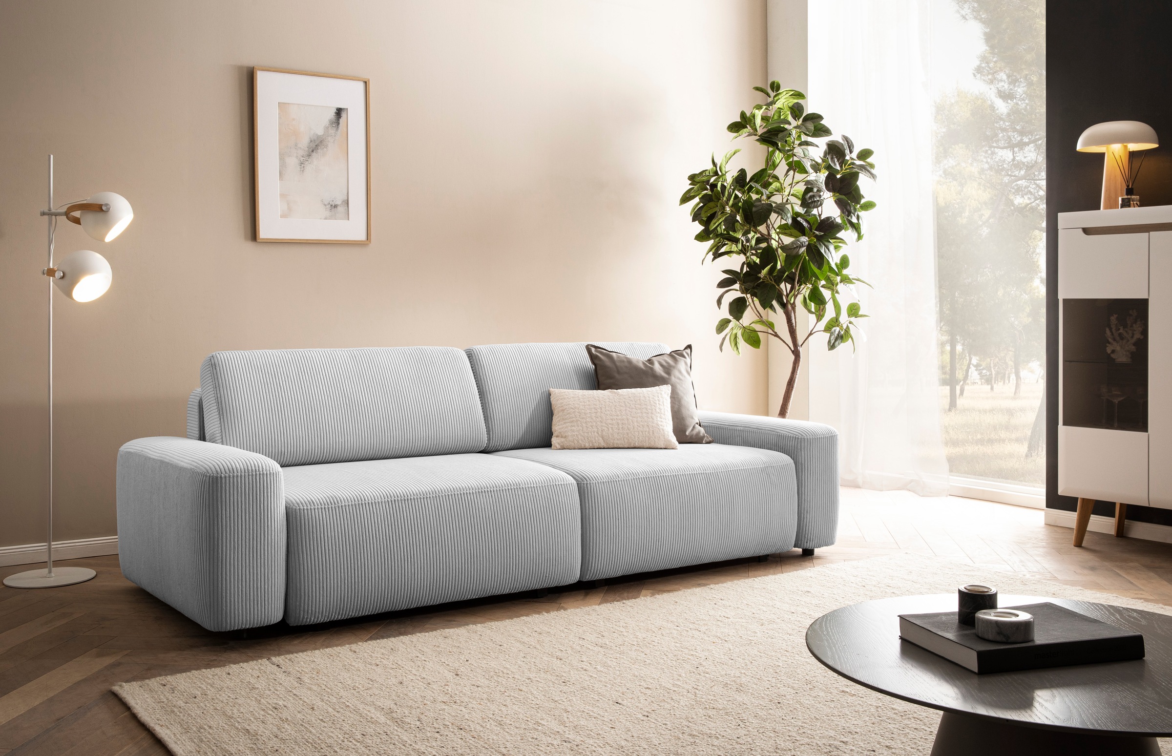 INOSIGN 3-Sitzer »TORGE (257cm), Sofa,Schlafsofa in Cord, Samtvelours, Struktur fein«, rundes Design, Schlaffunktion u. Bettkasten, Liegefläche: 135/200 cm