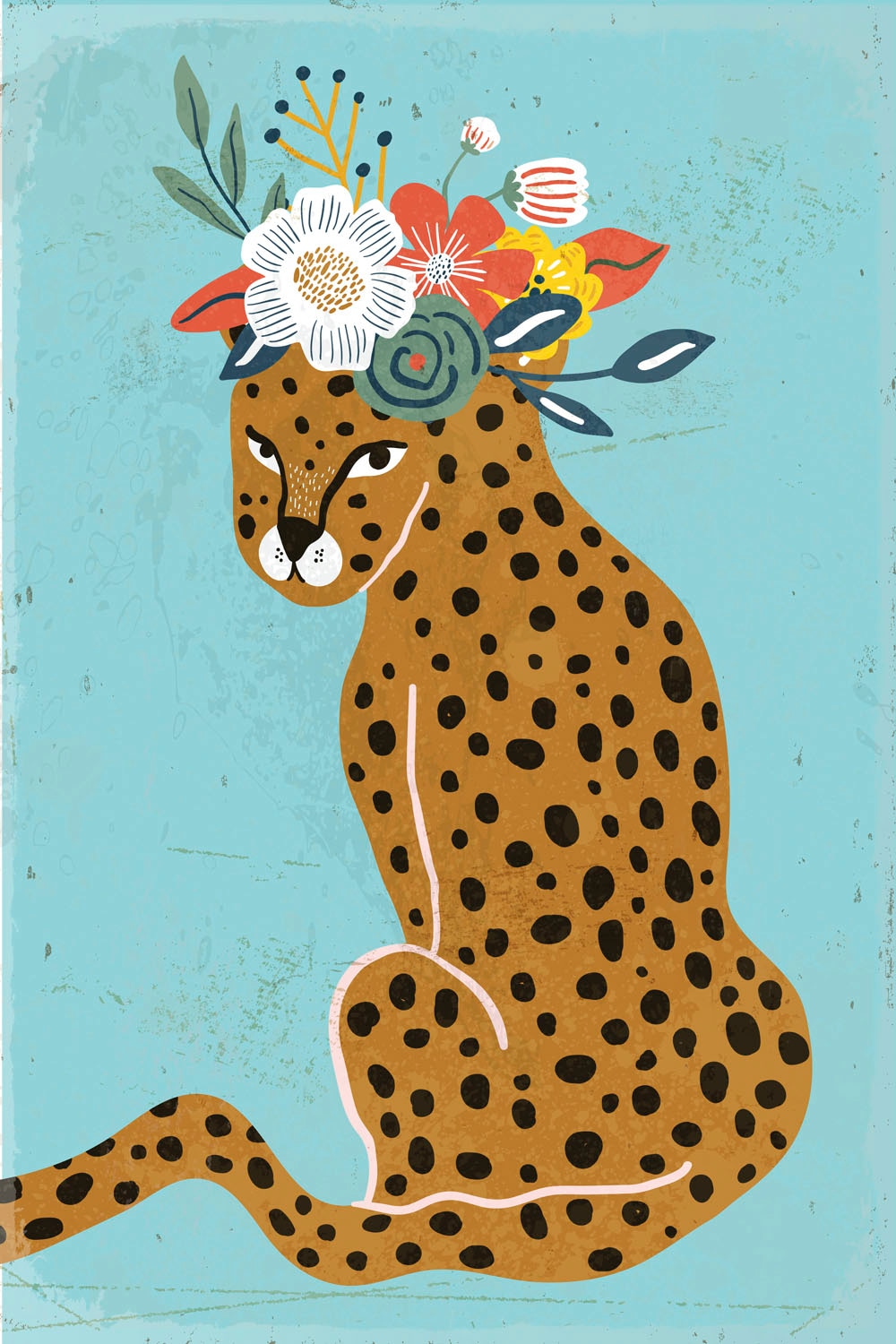 queence Metallbild »Gescha«, Tiere-Blumen-Blumenbilder, (1 St.), Stahlschild, Blechschild, Leopard gemalt, Wanddeko, Blumenkranz