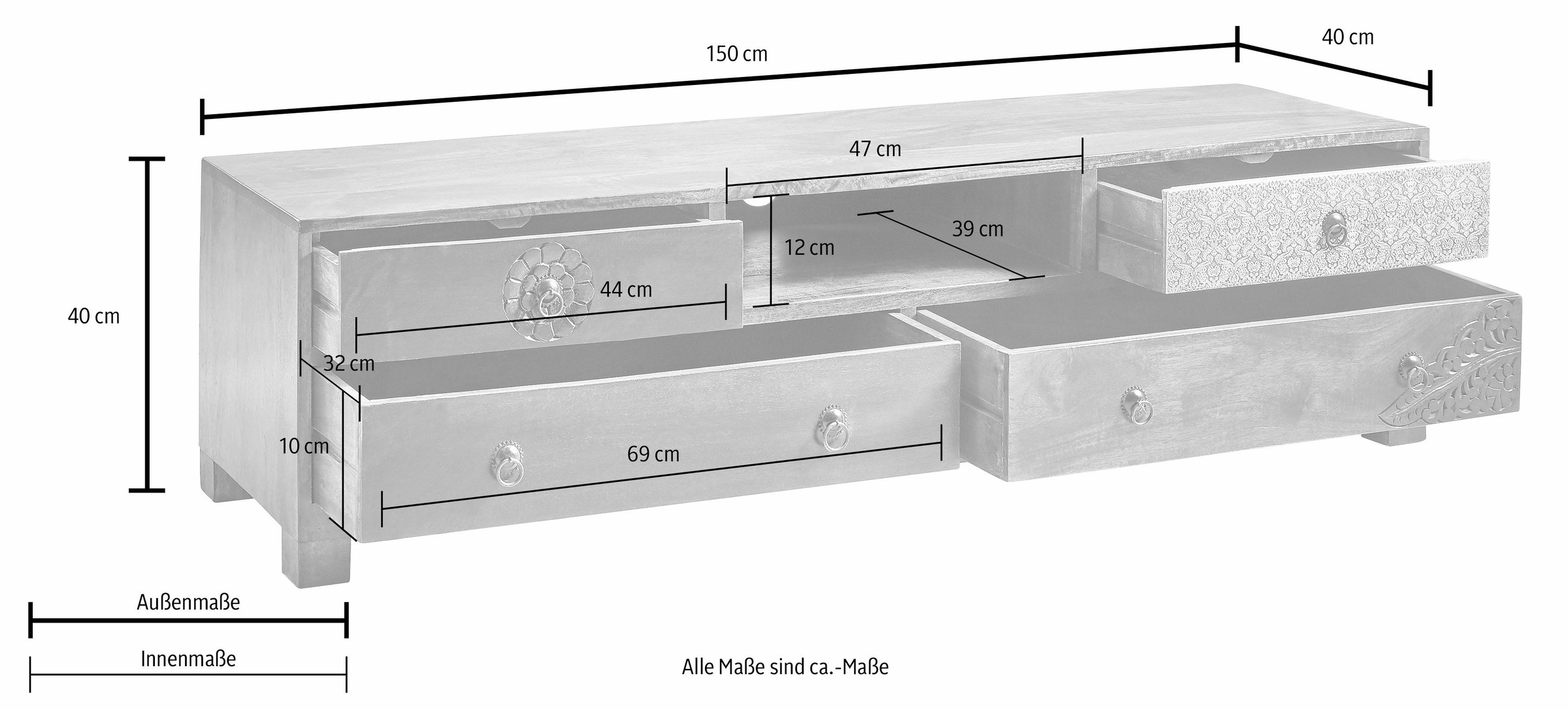 Home affaire Lowboard »Mahar«, Kommode mit Metallfronten, Breite 150 cm
