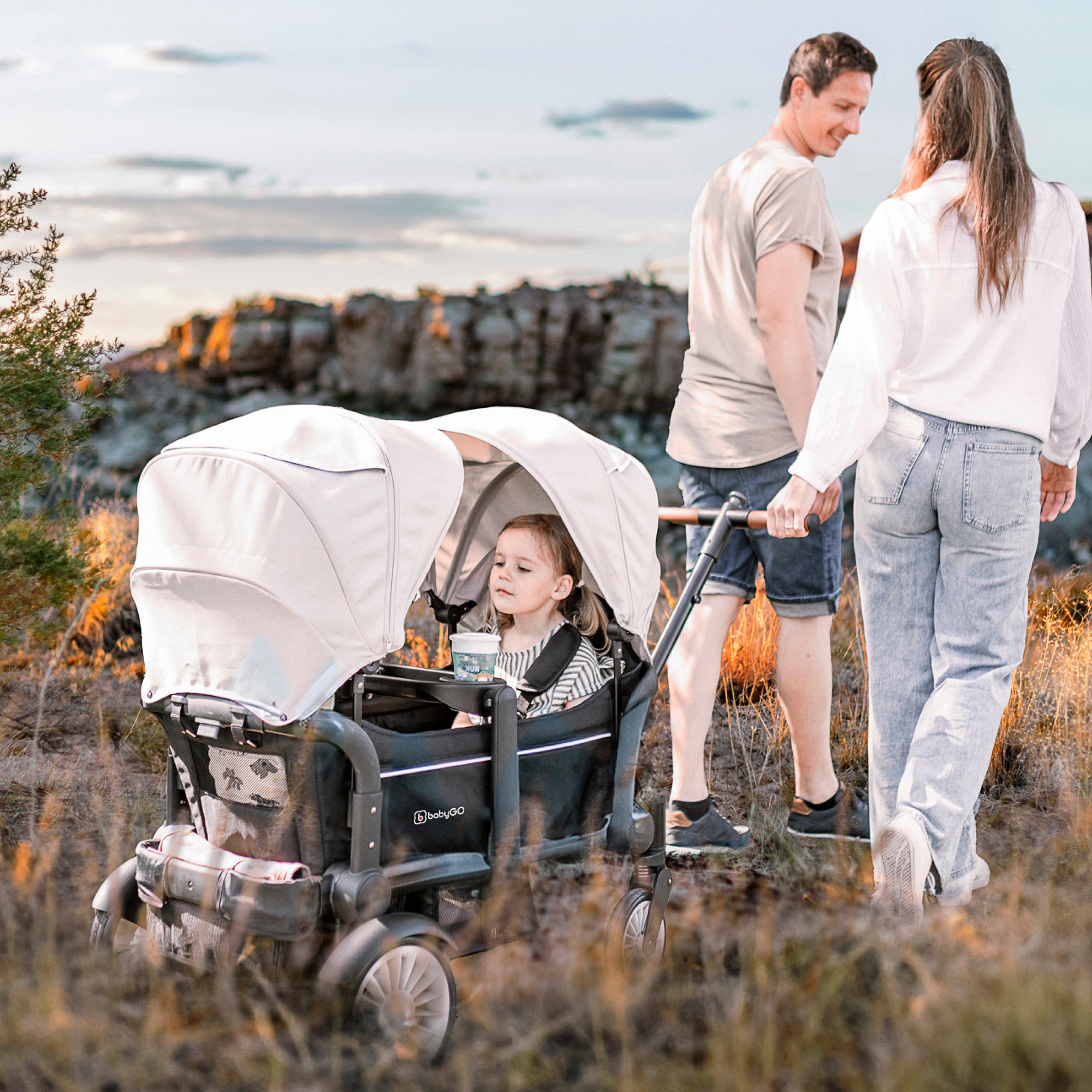 BabyGo Bollerwagen »Cozy Rider«, (Set, 7 tlg., inkl. 2x Sonnenschutz, Tisch, Moskito- u. Regenschutz, Flaschenhalter), klein zusammenfaltbar