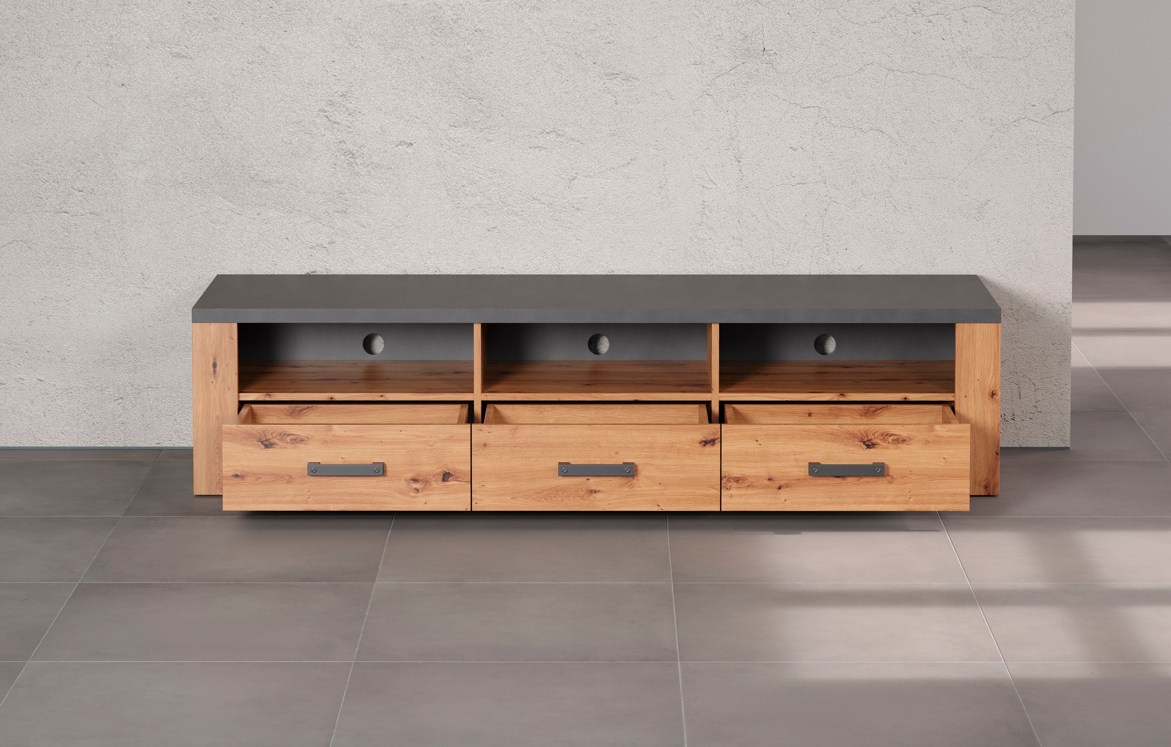 Home affaire TV-Board »Ambres«, (1 St.), TV-Tisch in matter Echtholzoptik, mit 3 offenen Fächern, Breite 180 cm