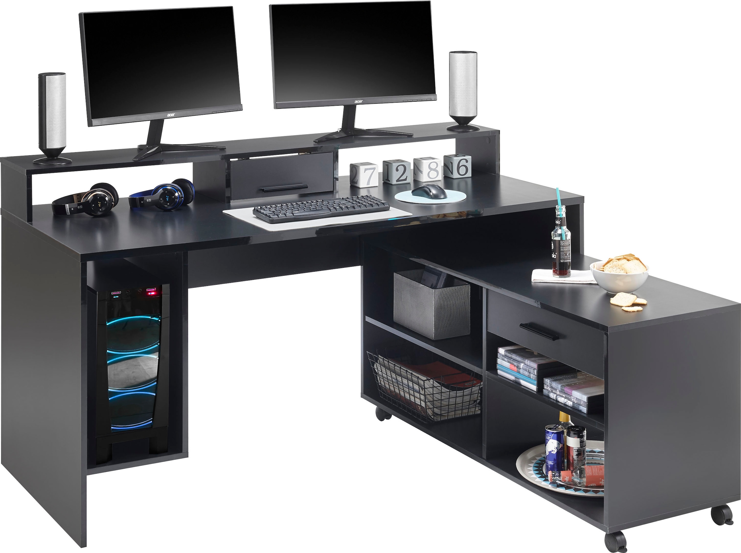 BEGA OFFICE Gamingtisch »Highscore«, Schwarz Computertisch Rollcontainer bestellen inkl. Raten RGB-LED auf mit Farbwechsel