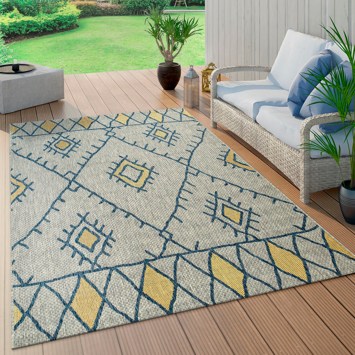 Paco Home Teppich »Kuba 124«, rechteckig, 4 mm Höhe, Flachgewebe, Rauten Design, In- und Outdoor geeignet, Wohnzimmer