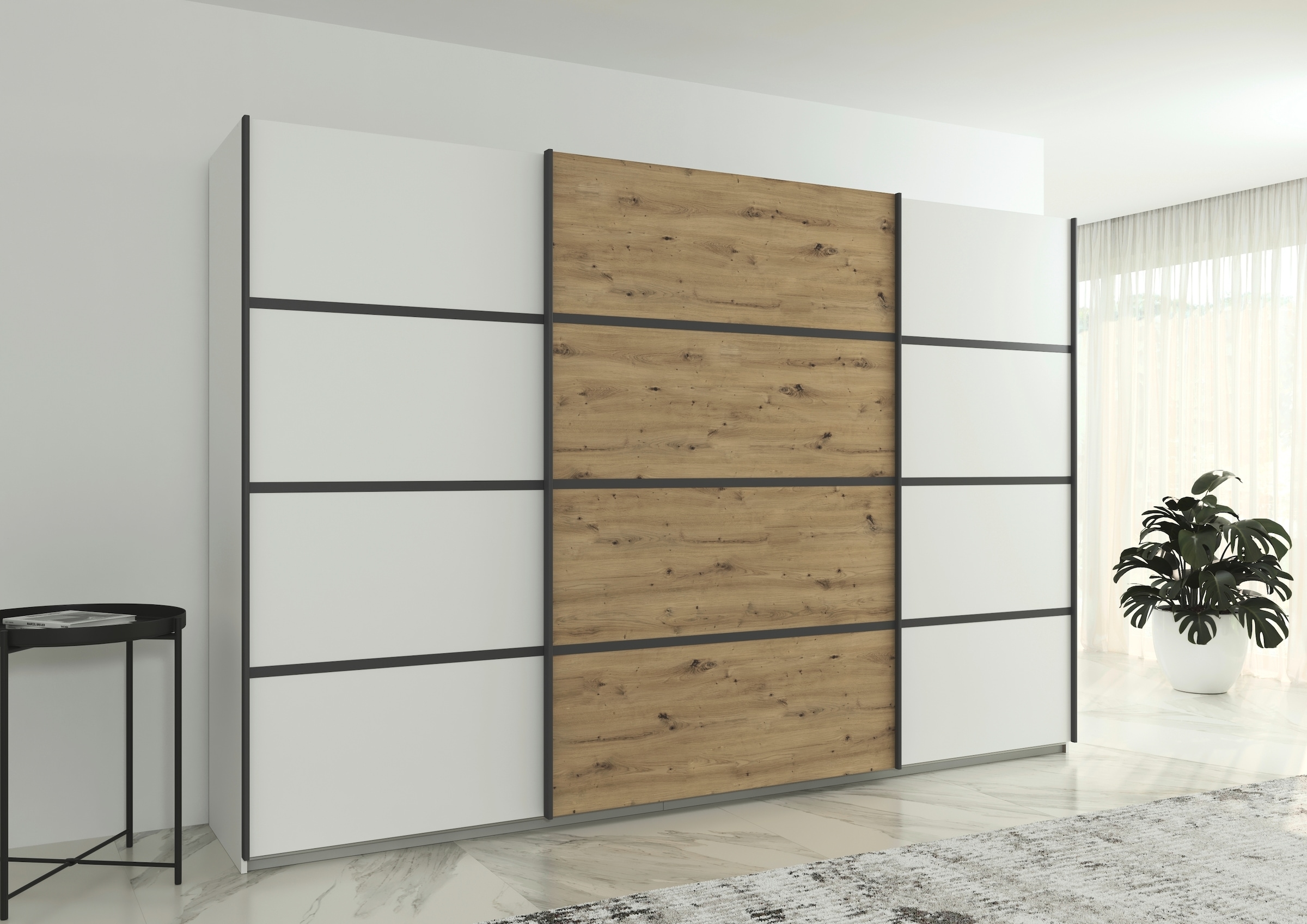 rauch Kleiderschrank »Schwebetürenschrank OTTO´s Choice Garderobe Schrank TOP ANGEBOT Avola«, (in 3 verschiedenen Ausstattungen BASIC/CLASSIC/PREMIUM), mit eleganten Zierleisten in Chrom, Schwarz oder Weiß MADE IN GERMANY