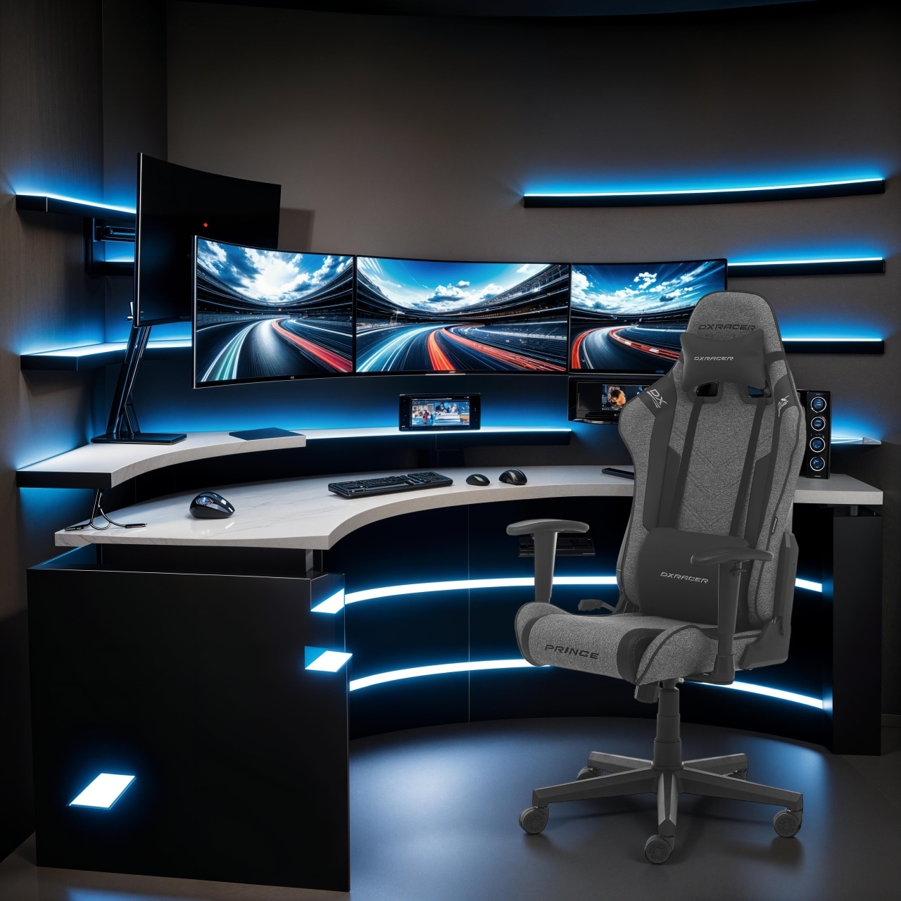MCA furniture Gaming-Stuhl »DX Racer Prince Gamingchair«, (Set), 1 St., Stoff, Gaming,Racing,Design,Lordose,Kissen,Armlehne,drehbar,verstellbar