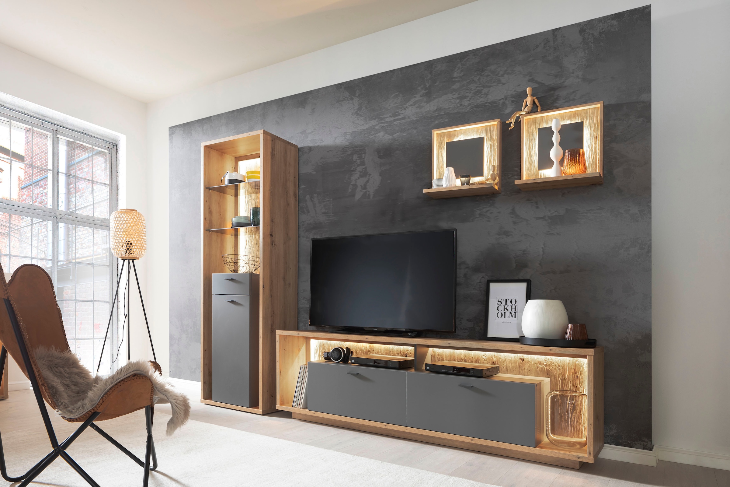 MCA furniture Wandboard »Lizzano«, (2 St.), in Balkeneiche Nachbildung, 3-D Rückwand mit Struktur