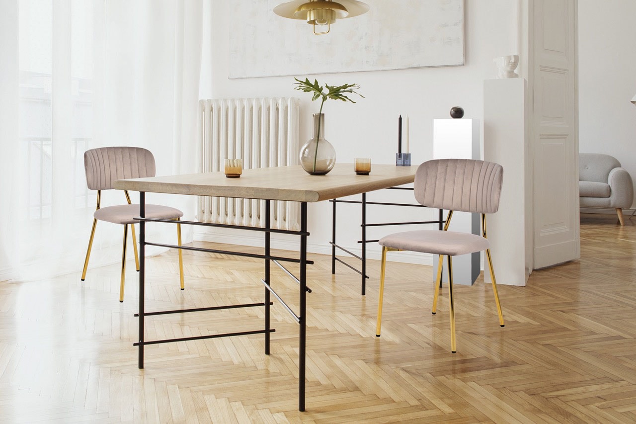 Kayoom Polsterstuhl »Stuhl Giselle 125 2er-Set, pflegeleichter Samtbezug«, (Set), 2 St., mit Armlehnen, goldenes Gestell aus Edelstahl, Samtbezug, Ziernähte