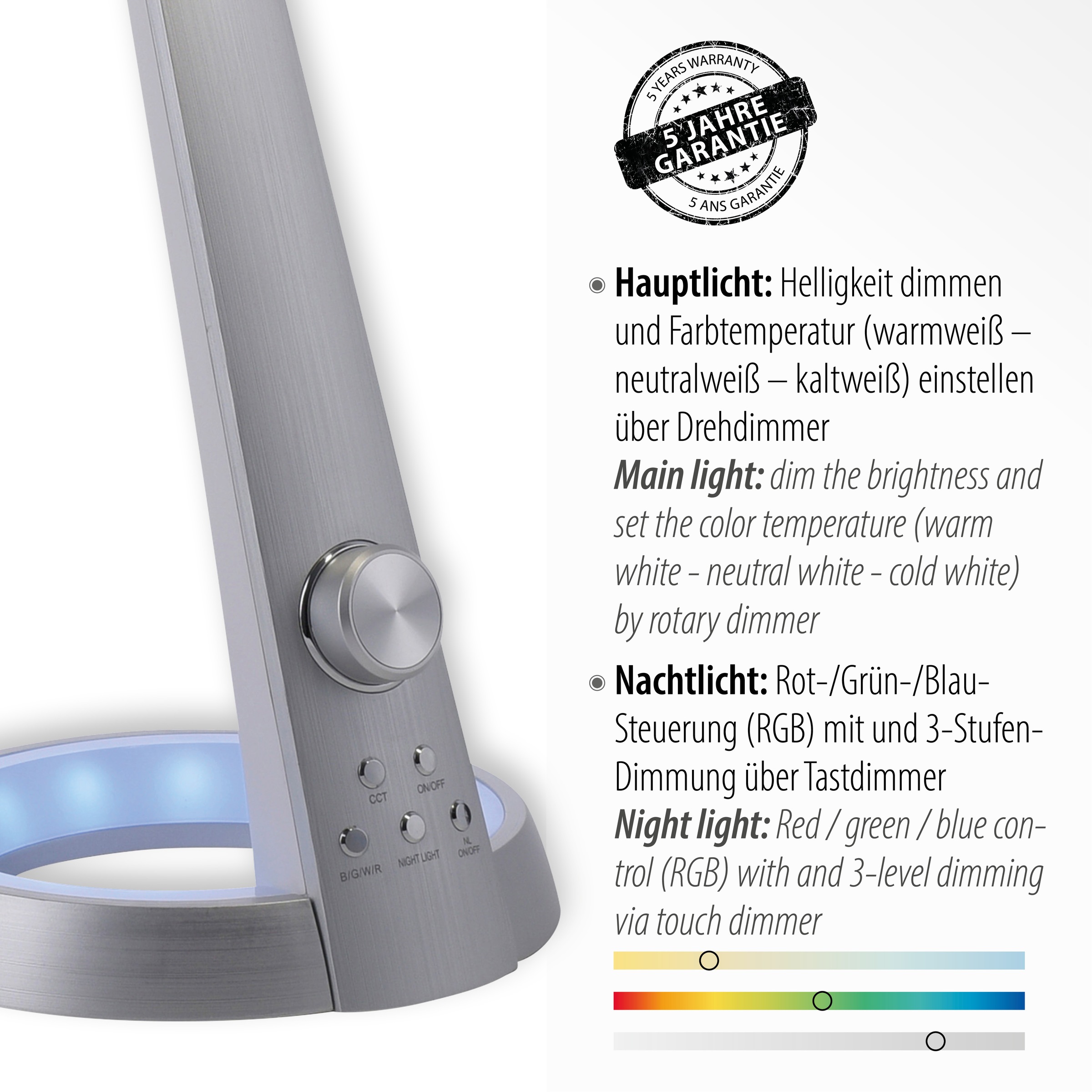 Paul Neuhaus Tischleuchte »BILL« LED-Board 1 Stk. warmweiß - kaltweiß CCT - tunable white, dimmbar über Drehdimmer, RGB, getrennt schaltbar