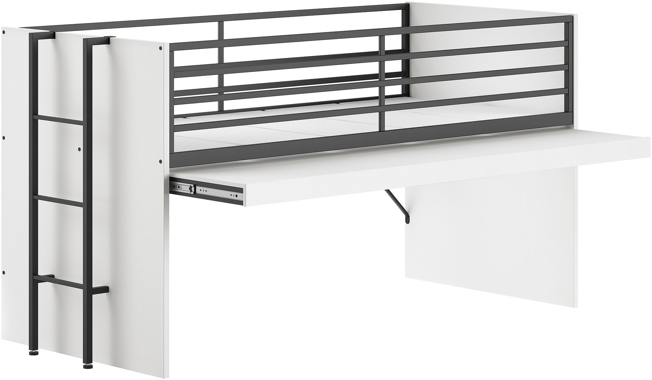 Vipack Hochbett »Sam, schlafen und arbeiten in einem, wahlweise Eiche- oder Weiß-Dekor« Liegefläche 90x200 cm, darunter eine große ausziehbare Schreibplatte,  Inkl. Absturzschutz u. Leiter, pflegeleichte Dekor Oberfläche