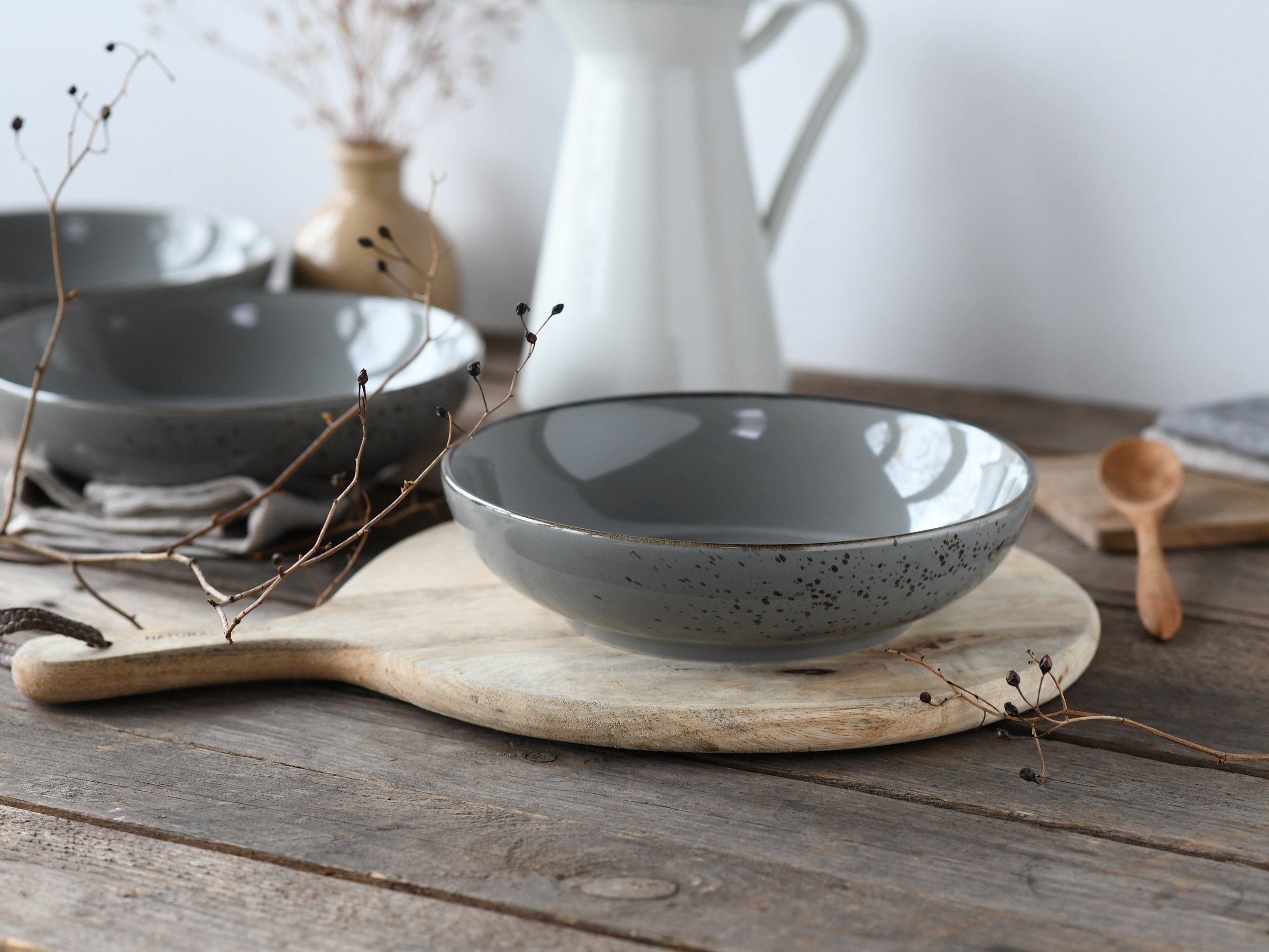 CreaTable Schale »Nature Collection, Poke Bowl, Ø 22,5 cm, 4-tlg«, 4 tlg., aus Steinzeug, Handwerklicher Look, Vintage, Höhe 6 cm