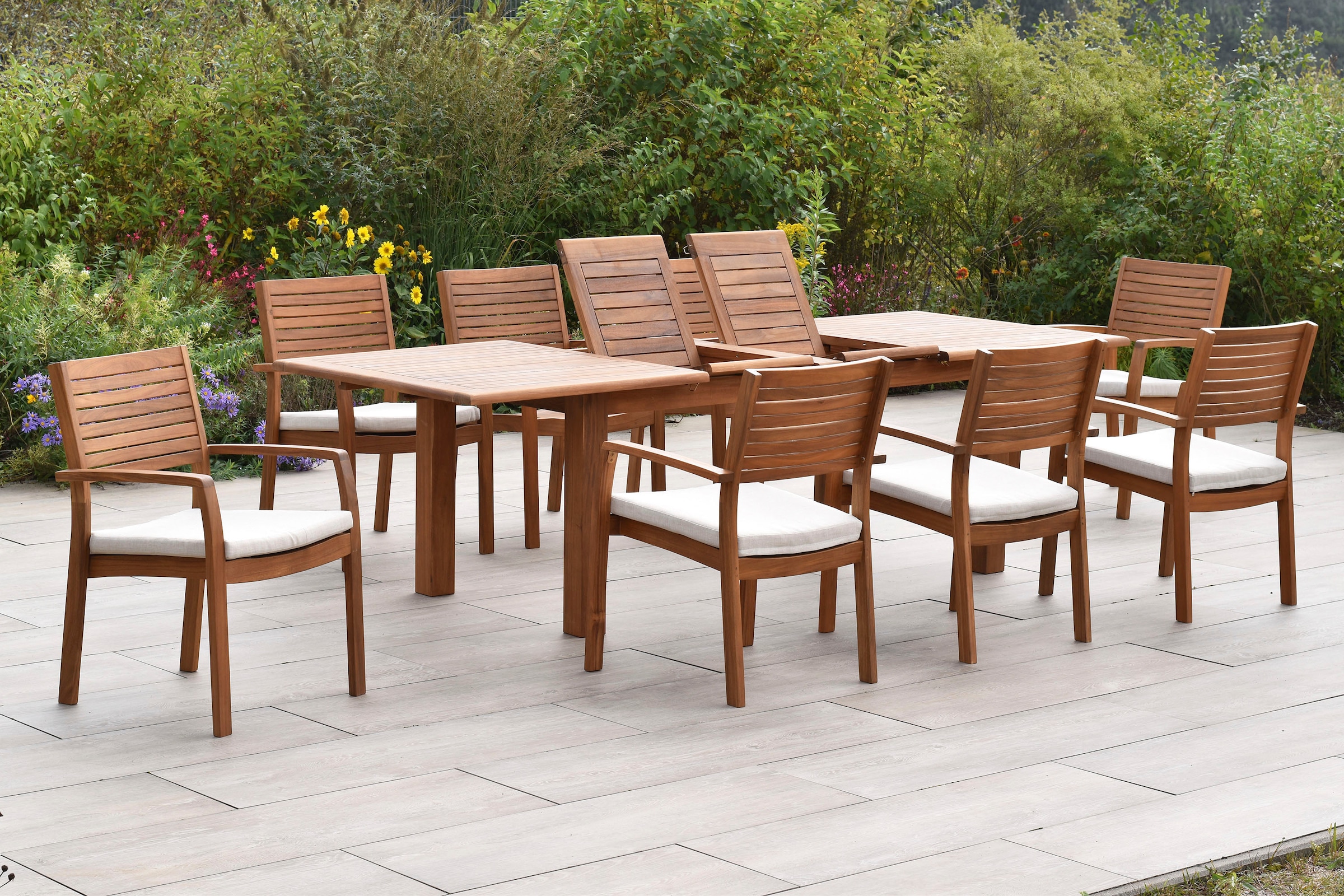 MERXX Garten-Essgruppe »»Batavia««, (Set, 17 tlg., Tisch doppelt ausziehbar: 100x 180/220/260x 75 cm), moderne Landhausoptik in warmen Holznuancen
