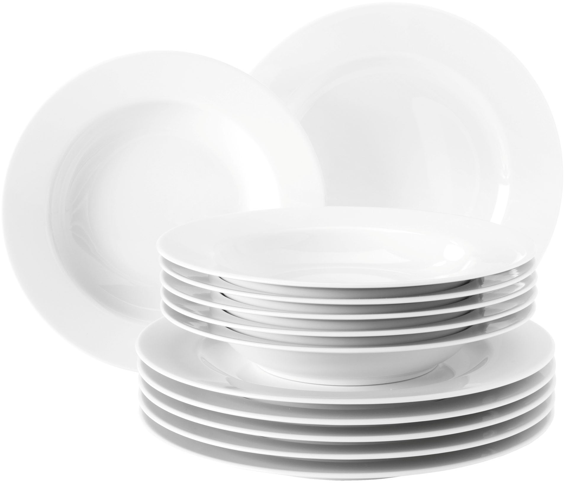 Seltmann Weiden Kombiservice »Geschirr-Set, 42 Teile, Rondo/Liane Weiß«, (Set, 42 tlg., je6x Frühstücks-,Speise-,Suppenteller,Dessertschale,Kaffeetasse,Becher), Geschirr, Service, Made in Germany, 42 Teile, für 6 Personen