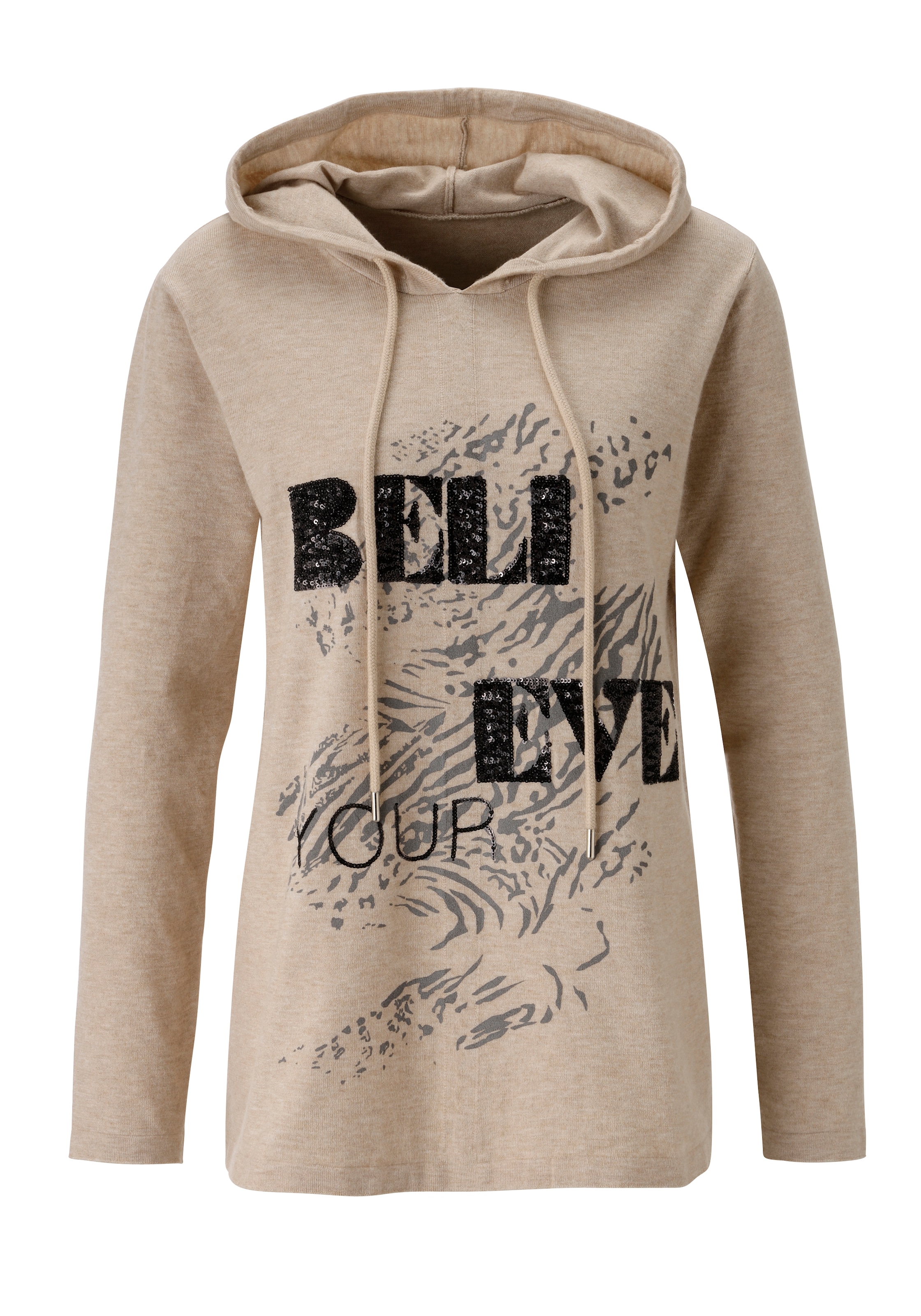 Aniston CASUAL Strickpullover mit Pailletten-Schriftzug verziertem Vorderteil