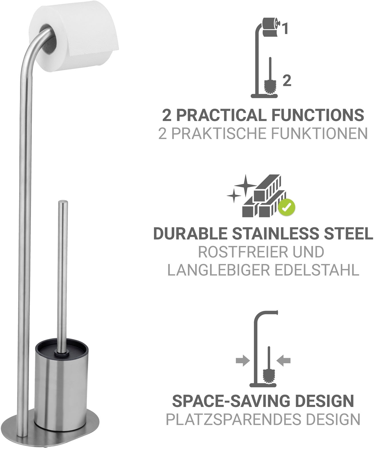 WENKO WC-Garnitur »Levante« aus Edelstahl freistehender Toilettenpapierhalter mit WC-Bürste, Edelstahl rostfrei