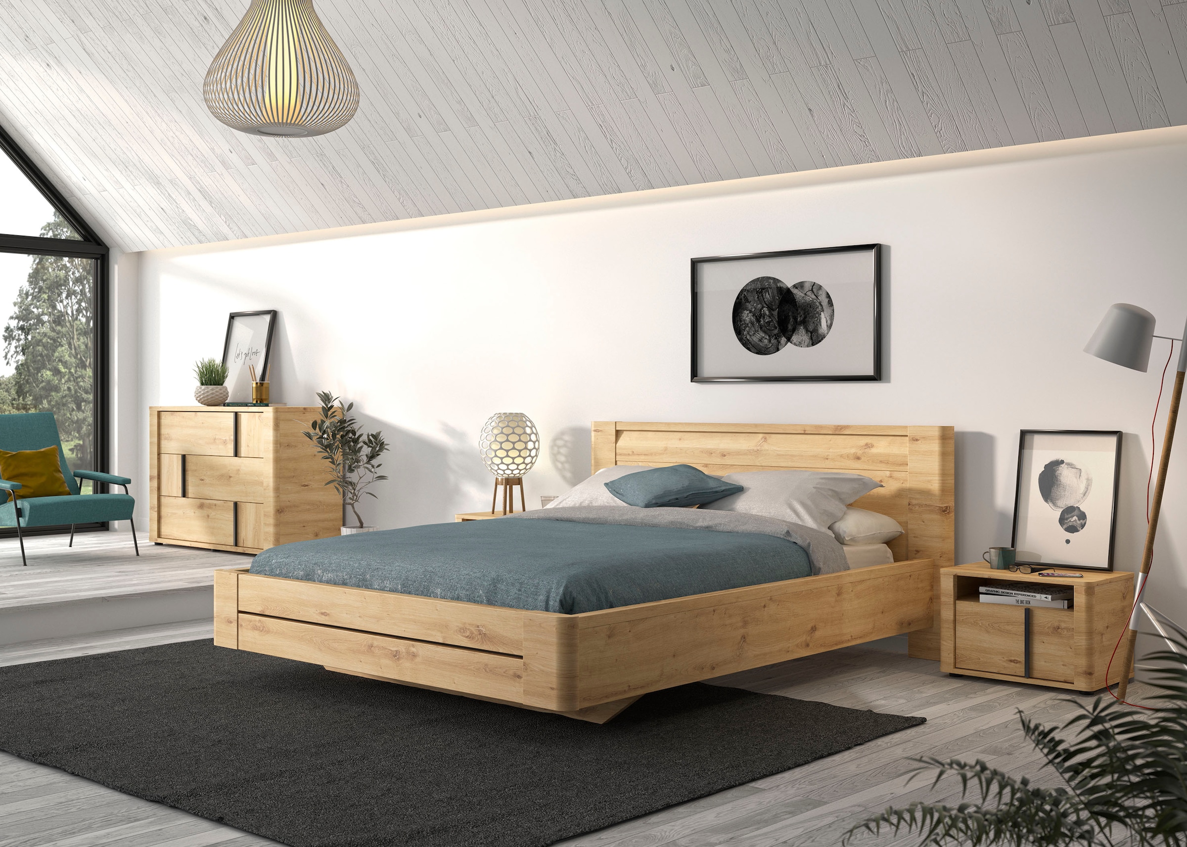 Gami Schlafzimmer-Set »Confidence«, (4 tlg., Bett, 2x Nachttisch und Kommode), aus Kiefernholz, mit Bett, 2x Nachttisch und Kommode
