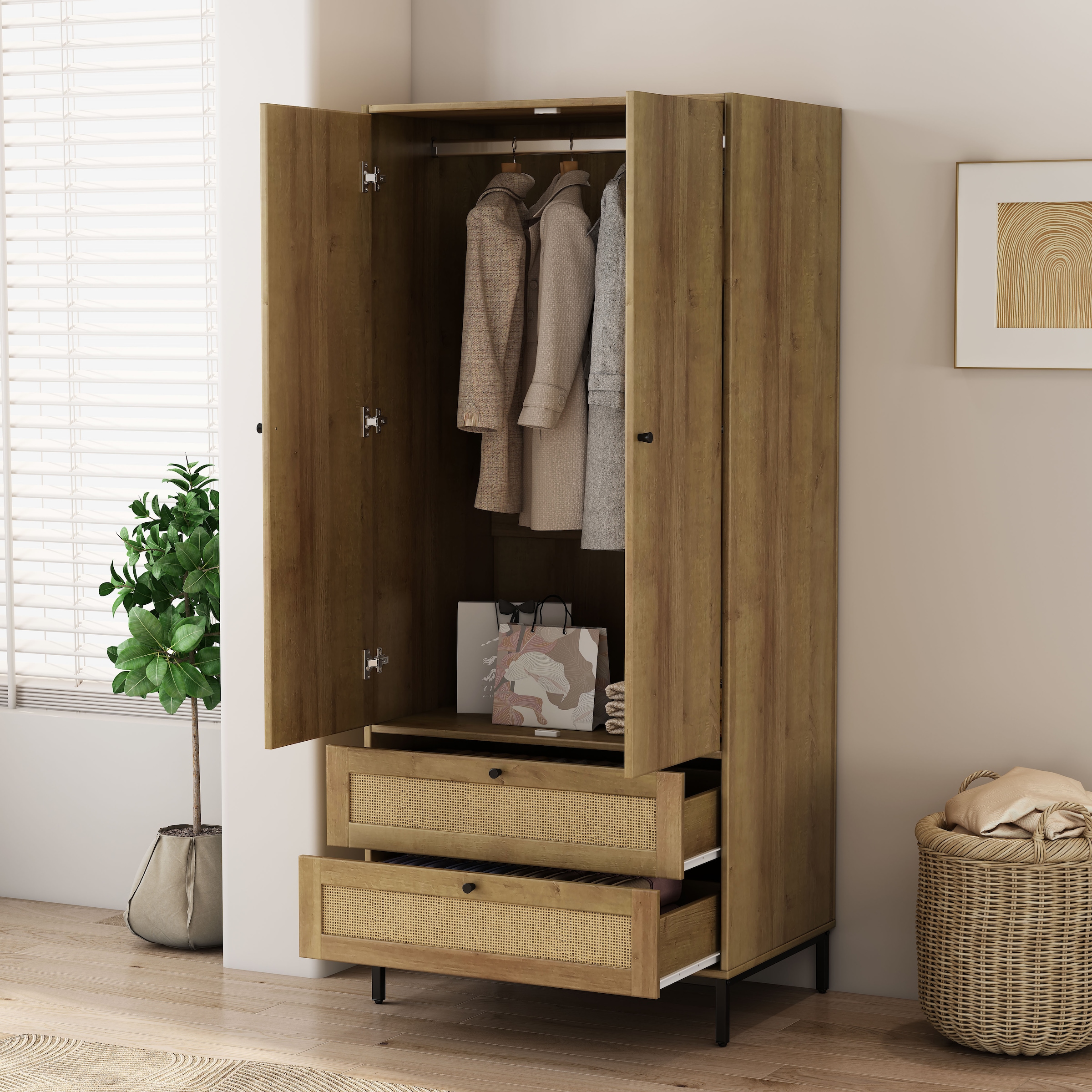 OTTO home Kleiderschrank »Motala Schlafzimmerschrank Garderobe Boho Eichen-Design Bestseller« Moderne schwarze Griffe, Schublade mit Geflecht, 
