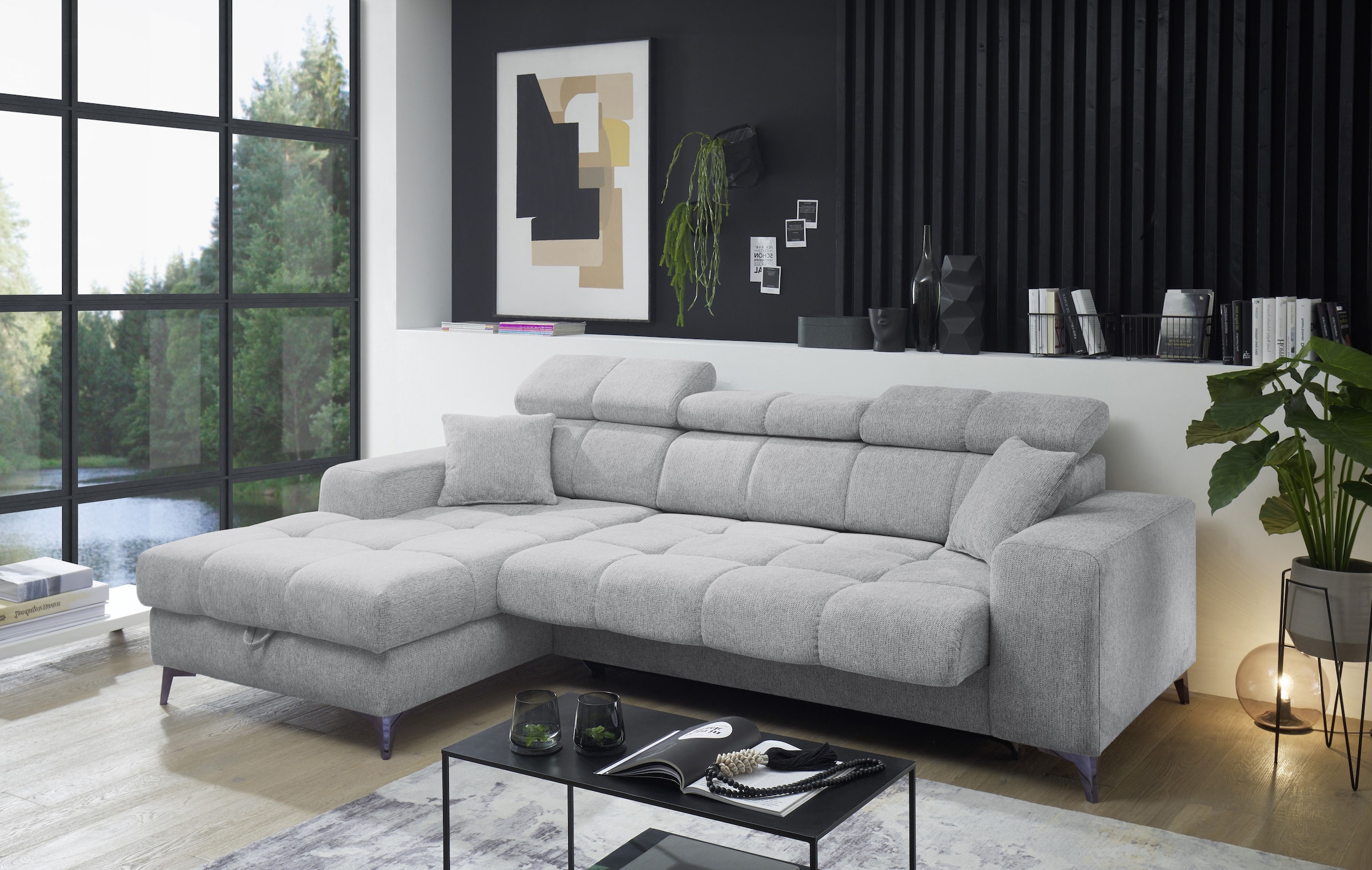 ED EXCITING DESIGN Ecksofa »Sydney L-Form mit Bettfunktion, Bettkasten, Kopfteilverstellung«, motorischer Sitztiefenverstellung, USB-Port & 2 Zierkissen