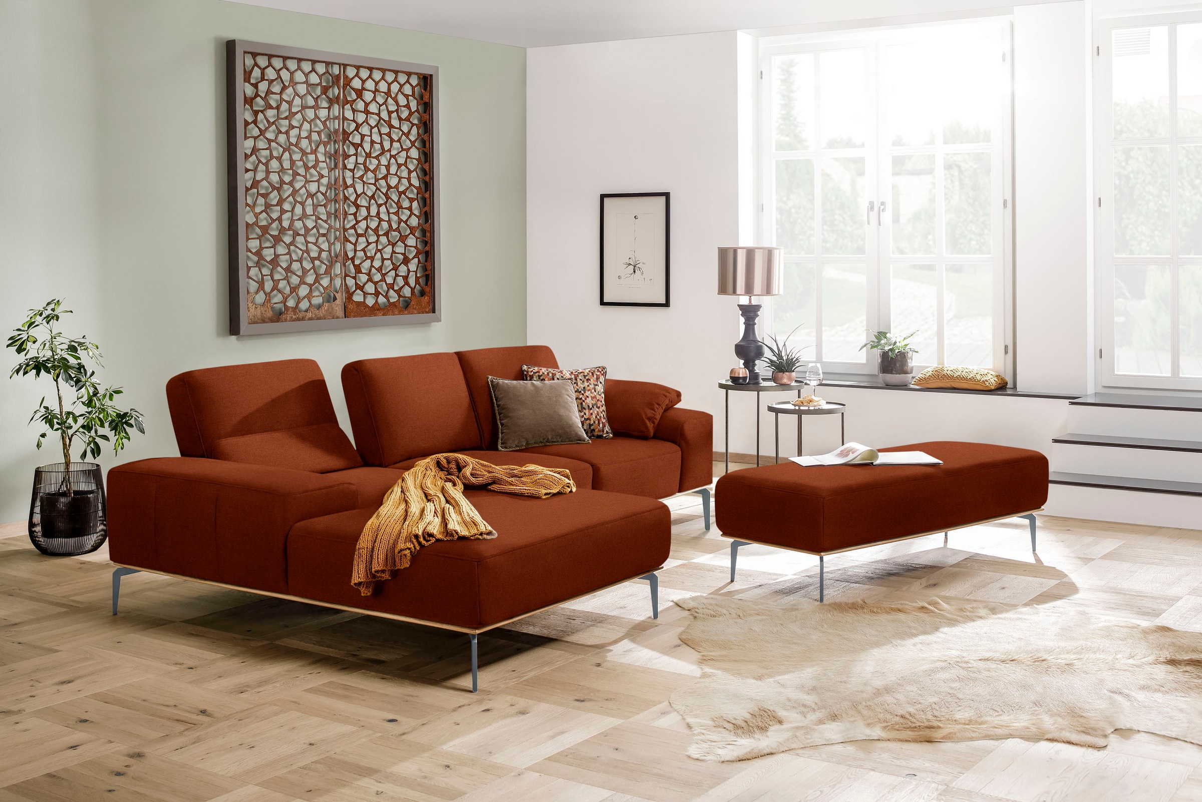 W.SCHILLIG Ecksofa »run, Designsofa mit tollem Sitzkomfort, bequem, L-Form«, mit elegantem Holzsockel, Füße in Silber matt, Breite 279 cm