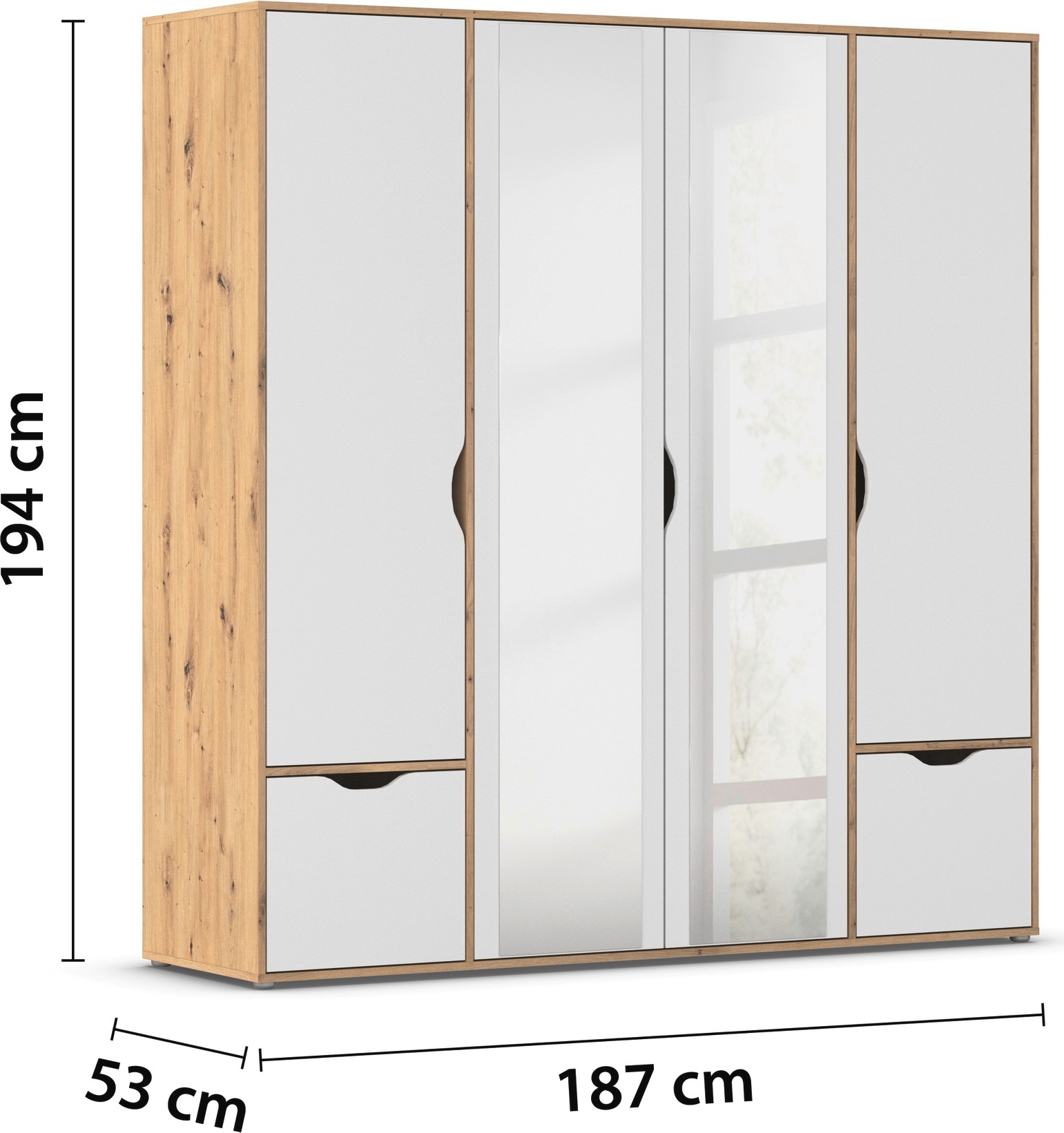 rauch Drehtürenschrank »Kleiderschrank Schrank Garderobe Wäscheschrank NARAI mit Schubladen«, (in 3 verschiedenen Ausstattungen BASIC/CLASSIC/PREMIUM), Griffausfräsungen für eine grifflose Optik TOPSELLER MADE IN GERMANY