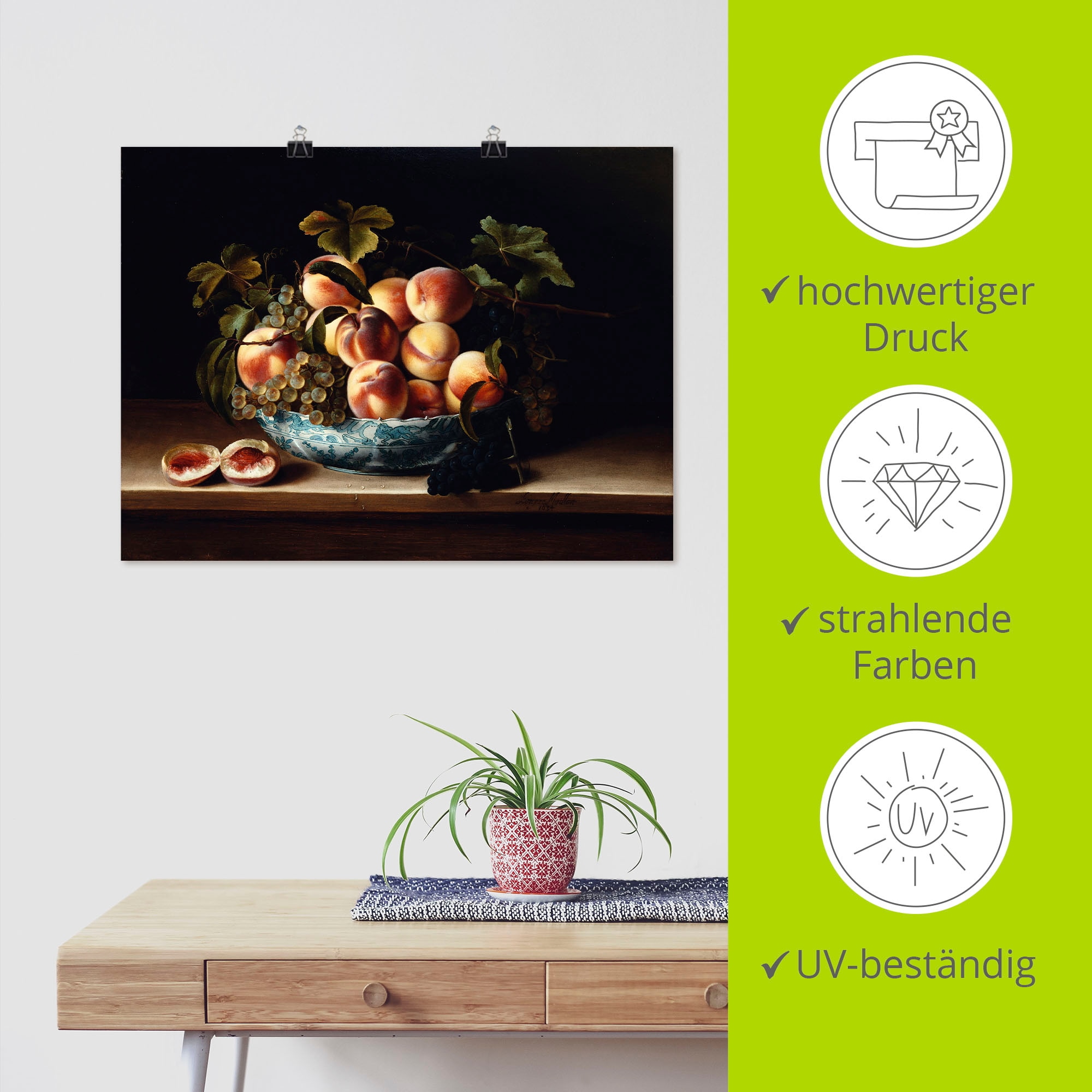 Artland Kunstdruck »Pfirsiche und Weintrauben«, Arrangements, (1 St.), als Leinwandbild, Wandaufkleber oder Poster in versch. Größen